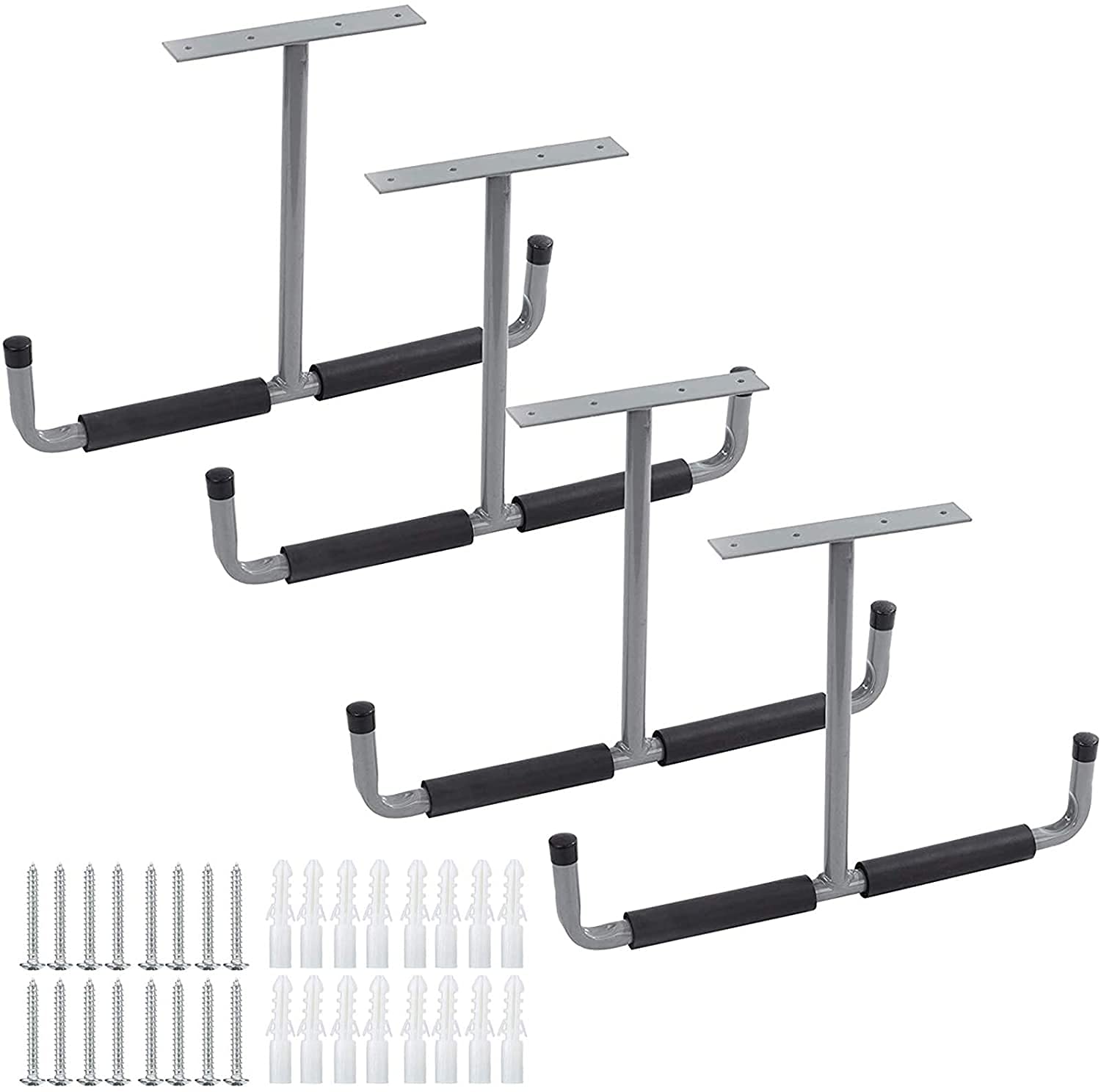Heavy Duty Overhead Garage Storage Rack - 16.5 Inch Ceiling Mount Double Hooks for Lumber, Ladder, Bike & Tools (4 Pack, Grey) | Space-Saving Garage Organization for Home & Workshop
