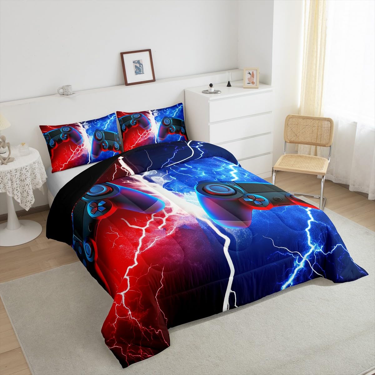 Erosebridal Queen Gaming Bedding Set for Boys - Red & Blue Gamer Comforter Set with Toddler & Kids Bedding - Perfect for Teen Bedrooms, Gaming Rooms & Sleepovers