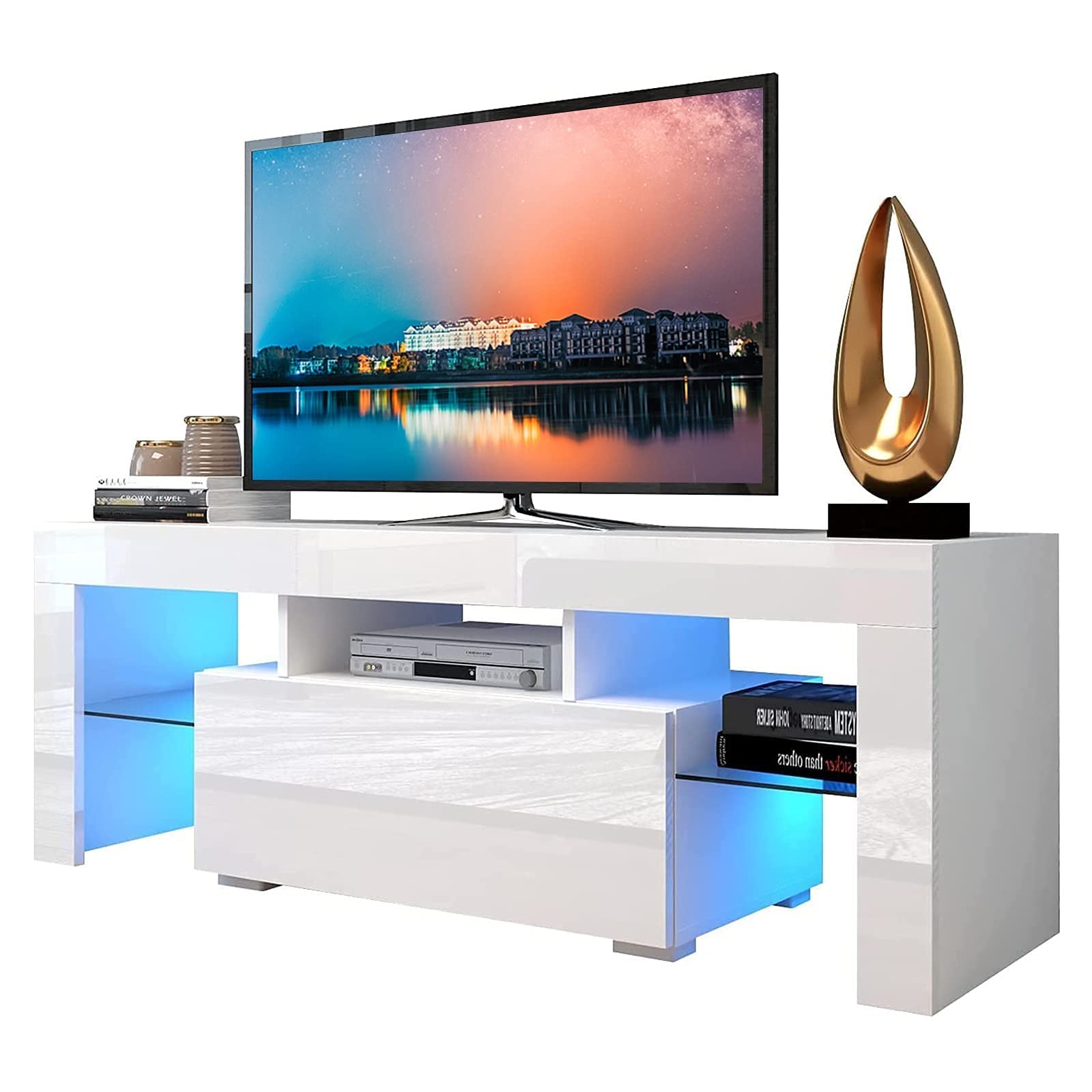 Modern TV Stand with 16-Color LED Lights for TVs Up to 55 Inches, Entertainment Center TV Cabinet with Storage, Media Console Table for Living Room & Bedroom - White with 1 Drawer | Perfect for Movie Nights & Gaming Setup