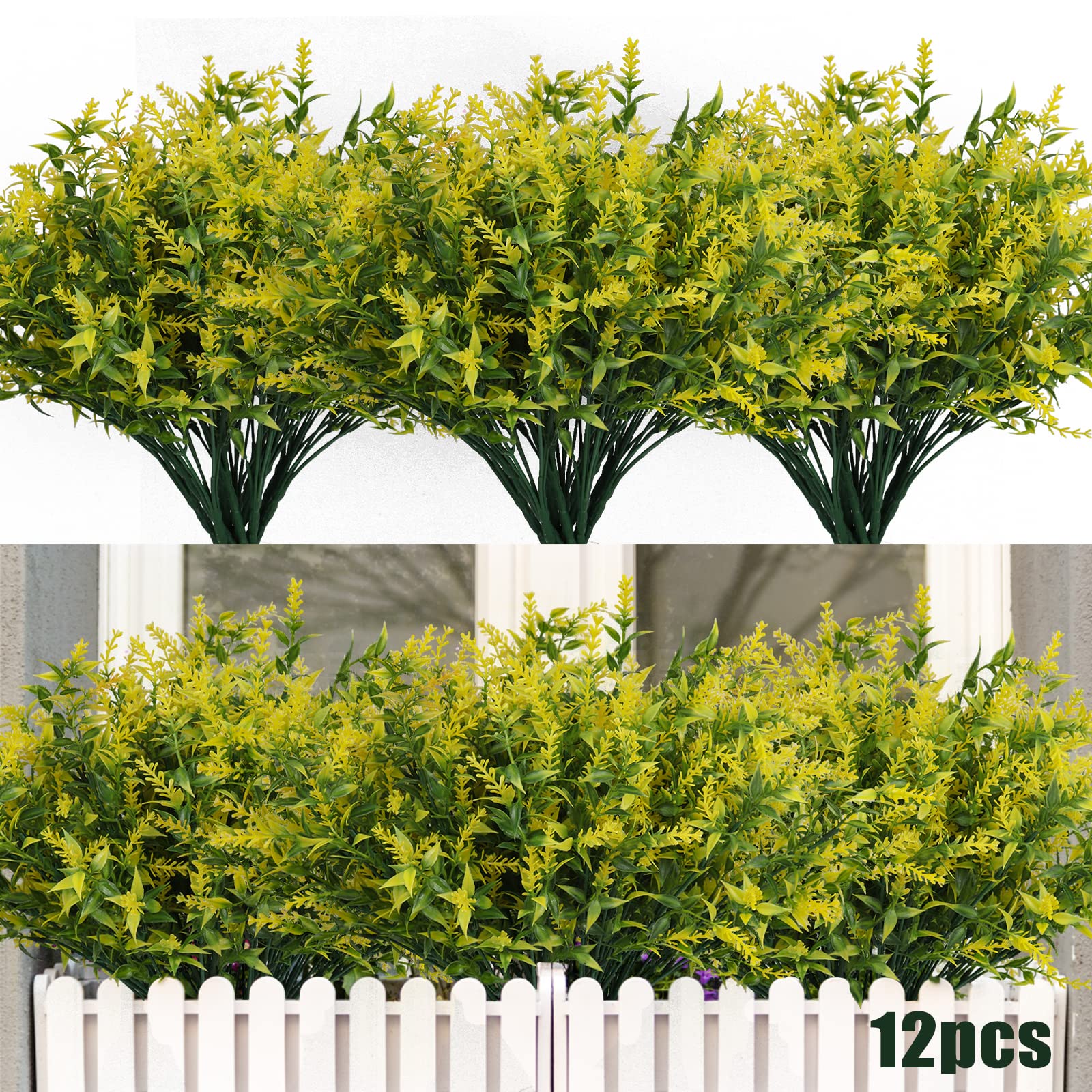 12 Pack UV Resistant Artificial Flowers Outdoor Fake Plants - Bulk Plastic Faux Flowers for Hanging Planters, Porch Vases, Window Decor - Spring Summer Home Garden Decoration (Yellow)