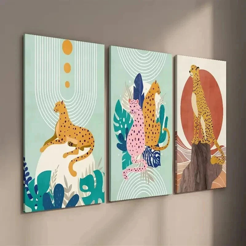 3Pcs Abstract Cartoon Leopard & Tropical Leaves Wall Art Set - Framed Canvas 40x60cm - High Quality Print - 100% Australian Made - Ready to Hang - Perfect for Living Room, Bedroom & Office Decor