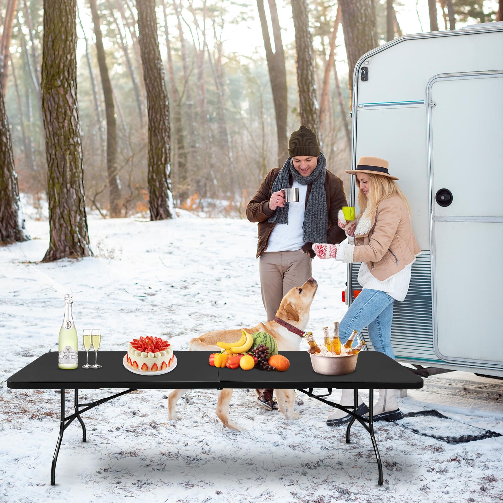 Heavy Duty Portable Folding Table 4ft/6ft/8ft - White & Black Plastic Picnic Dining Table for Camping, Parties, Kitchen, Indoor & Outdoor Use - Fold-in-Half Design for Easy Storage & Transport