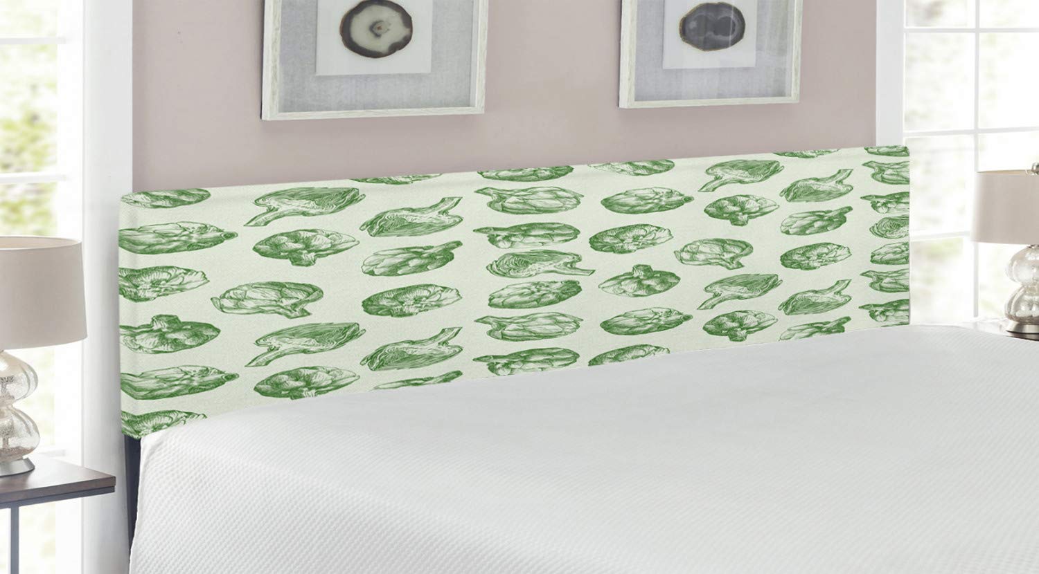 Ambesonne King Size Upholstered Metal Headboard with Memory Foam - Hand Drawn Artichoke Nature Print in Fern Green | Farmhouse & Modern Bedroom Decor for Home & Guest Rooms
