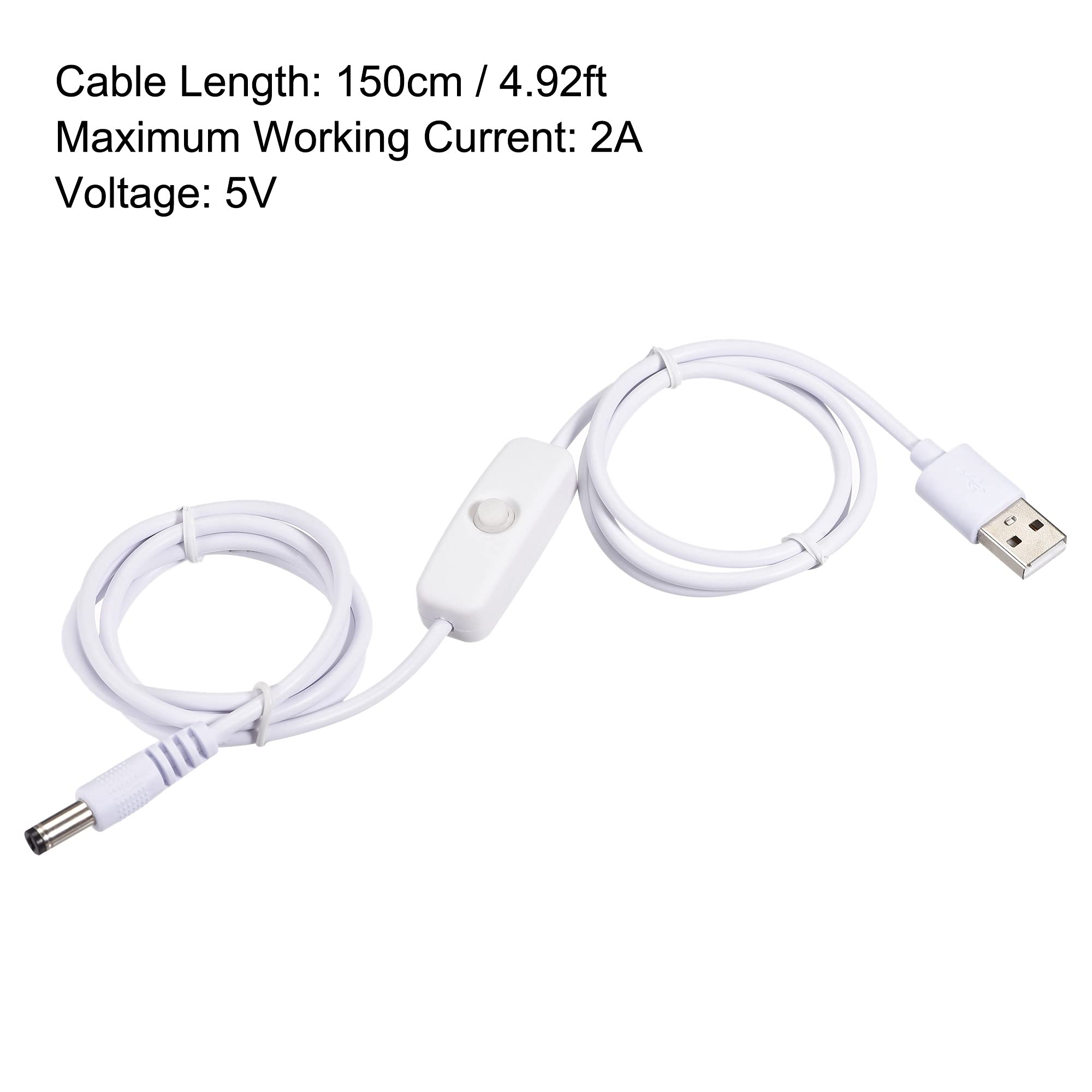 MECCANIXITY USB to 5.5x2.1mm DC Power Cable with ON/OFF Switch - 150cm White Extension Cord for LED Desk Lamps, LED Strips - Perfect for Home Office Lighting and DIY Projects