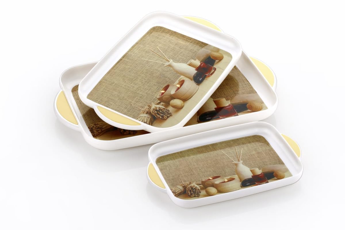 Elegant SORATH Printed Plastic Serving Tray Set - BPA Free, Glossy Finish with Handle - Perfect for Tea, Coffee, Snacks & Home Decor - Ideal for Kitchen, Dining Table & Party Serving (White, 3-Piece Rectangular Set)