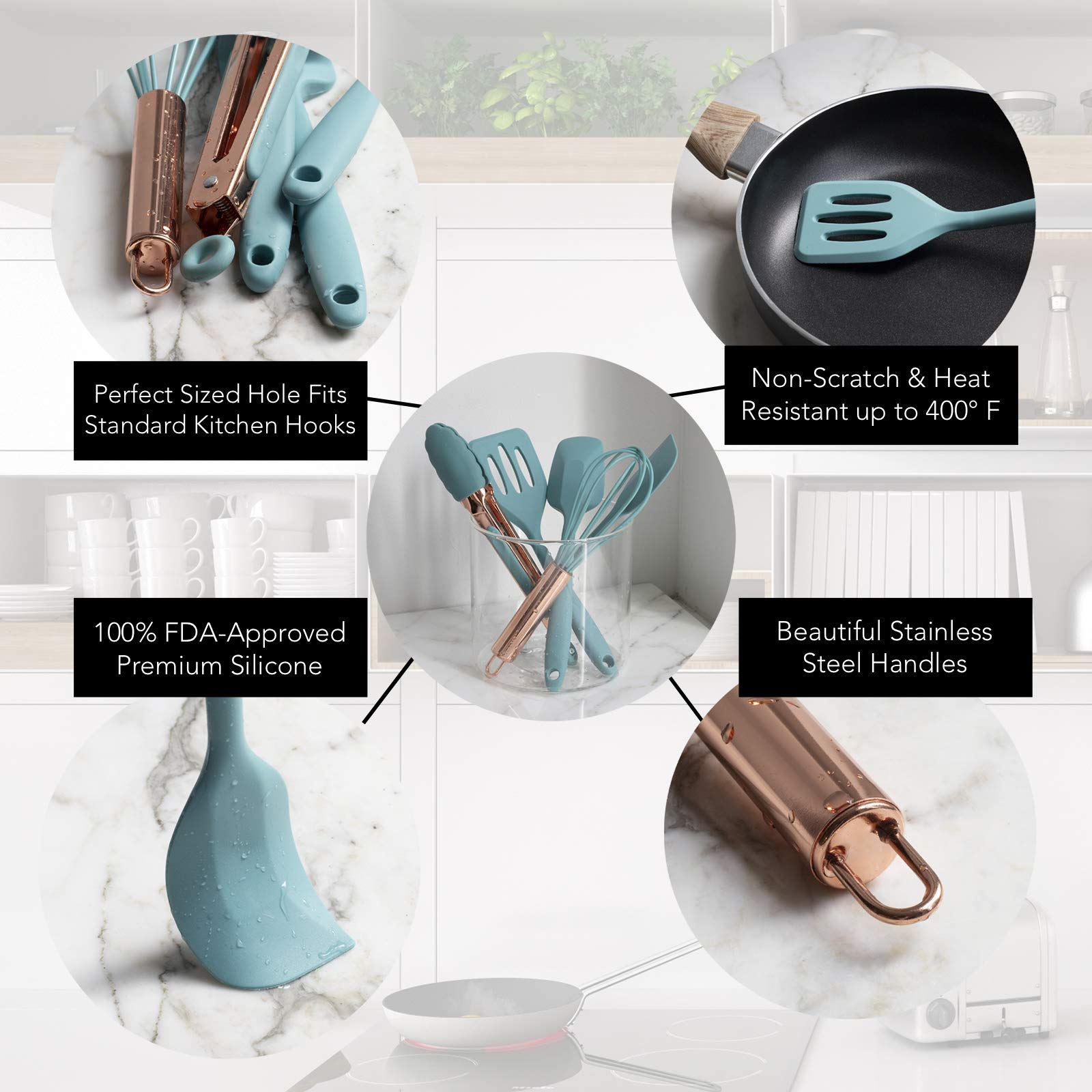 COOK WITH COLOR Silicone Cooking Utensils Set - Easy to Clean, Nonstick Kitchen Gadgets, Mini Aqua Tools for Baking, Frying, and Everyday Cooking