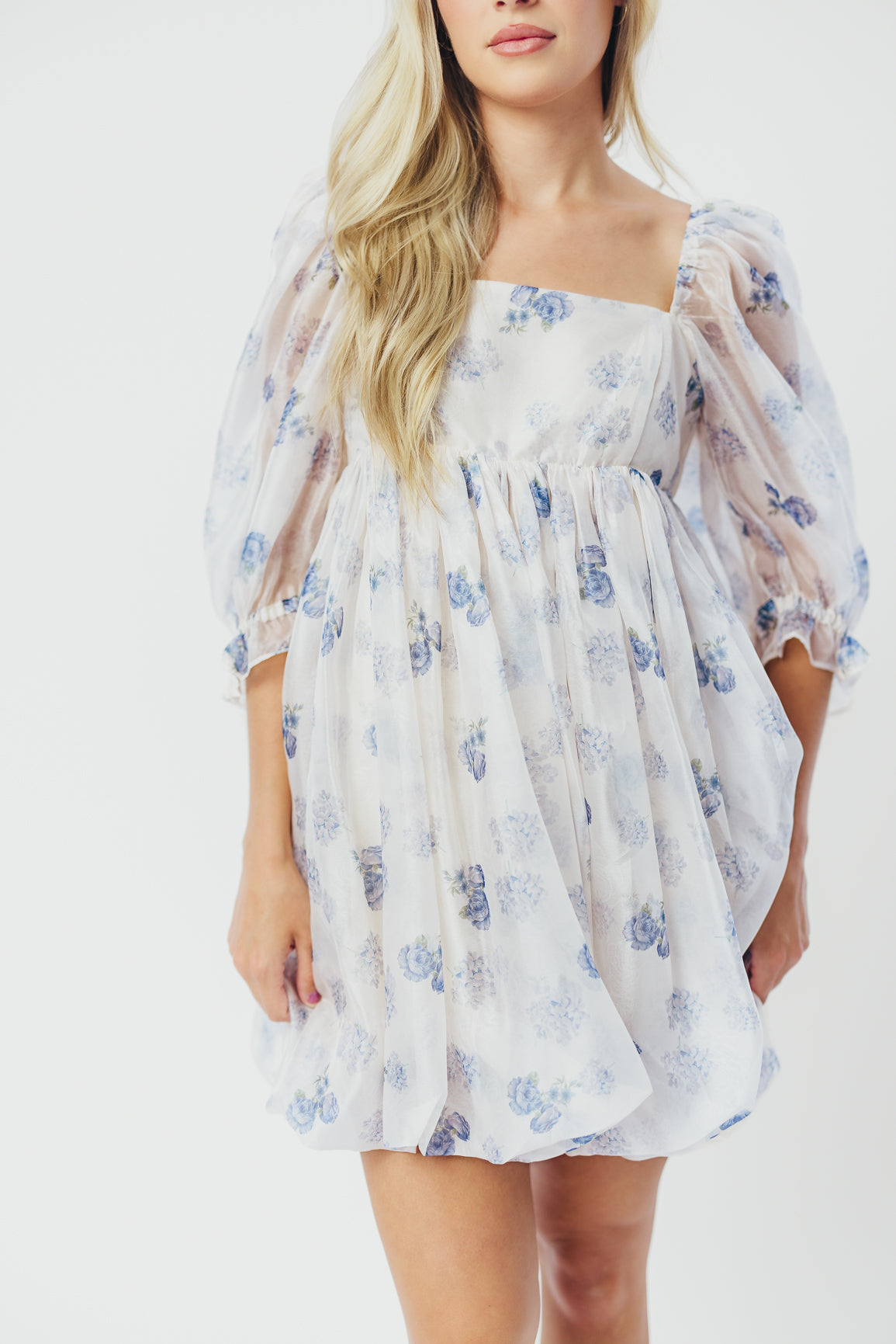 Chase Bubble Hem Mini Dress - White & Periwinkle Floral Summer Dress for Women, Perfect for Beach Vacations, Brunch Dates & Cocktail Parties