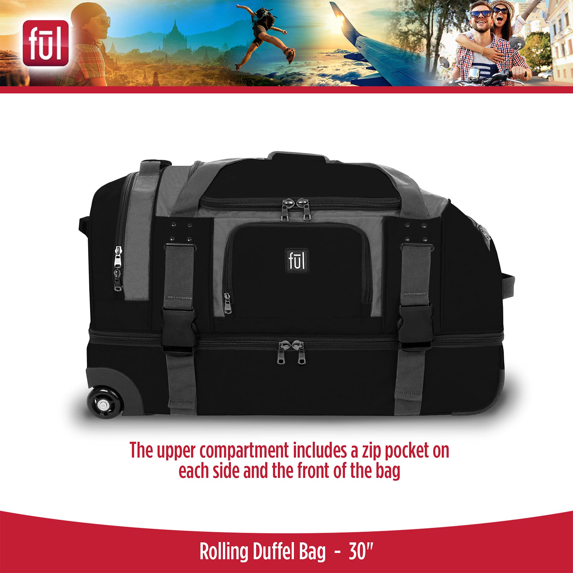 FUL Rig 30 Inch Rolling Duffel Bag - Large Wheeled Travel Luggage for Airplane, Cruise & Business Trips - Durable Spinner Suitcase with Smooth Wheels