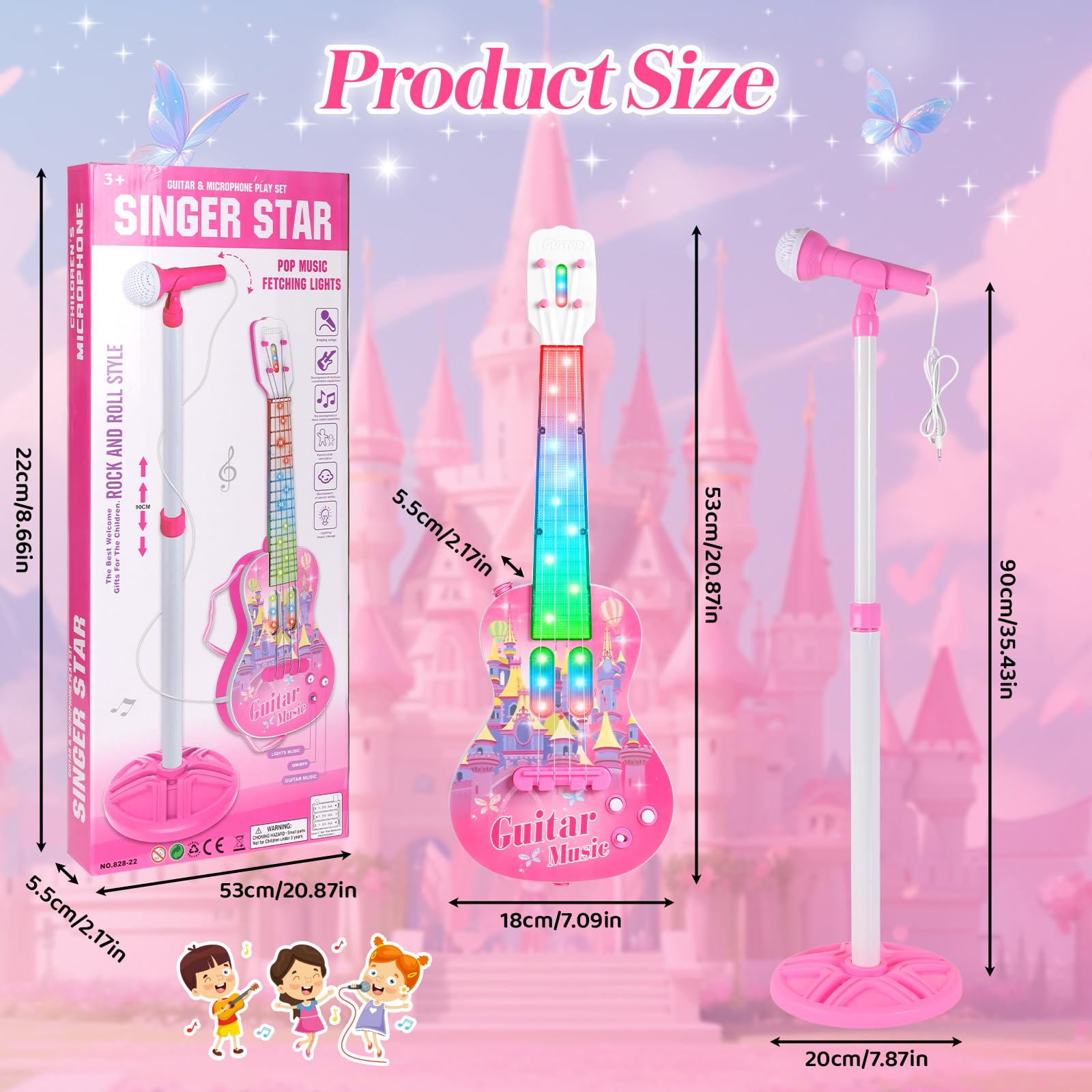 Kids Electric Guitar and Microphone Playset - 4-String Musical Toy Guitar with Adjustable Stand, LED Music Lights & Karaoke Function - Perfect Birthday Gift for Boys & Girls | Home Music Party, Stage Performance & Early Childhood Education