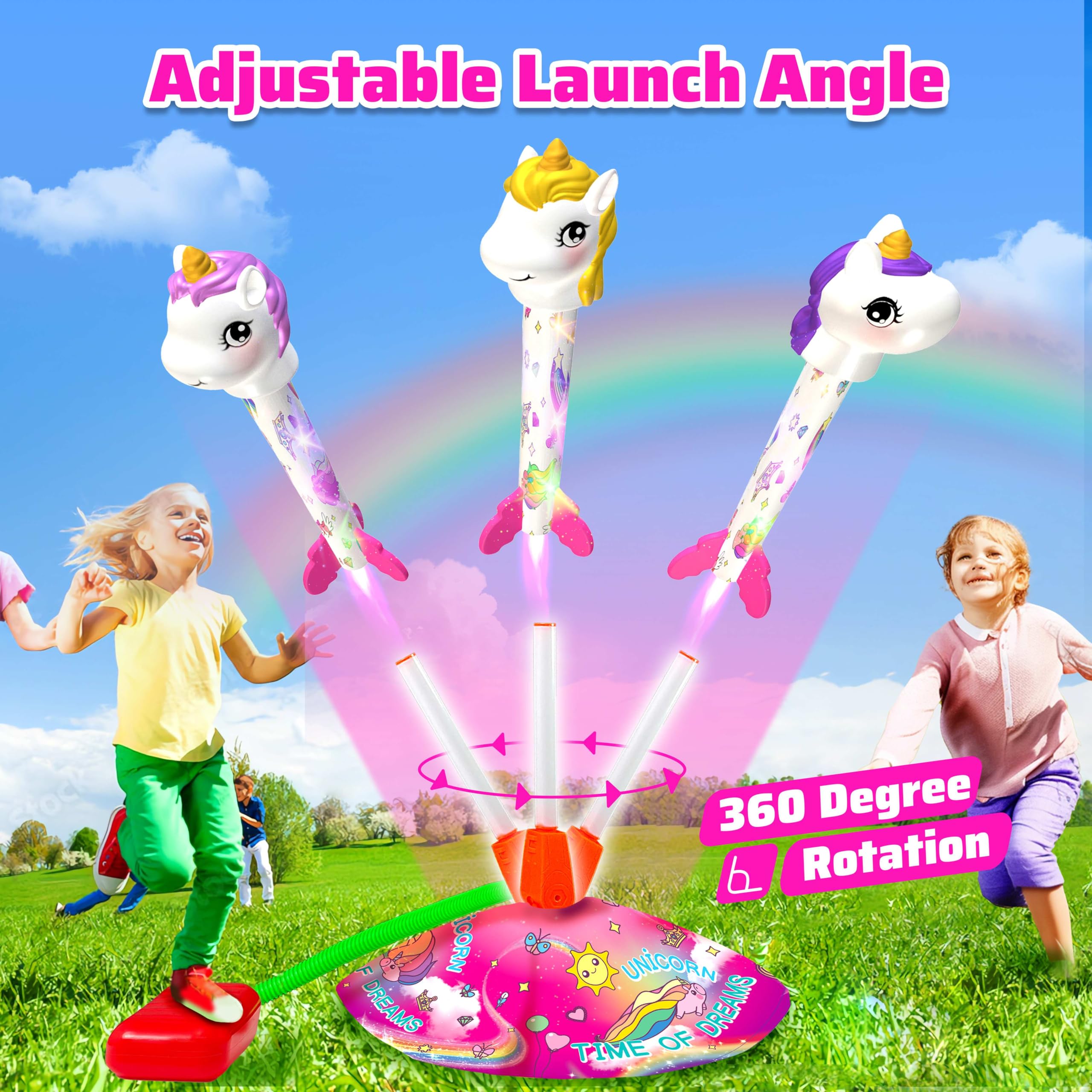 Unicorn Toy Rocket Launcher for Kids - 3 LED Light Up Rockets, Stomp Launch Outdoor Play Toy - Best Birthday Gift for Girls & Boys Ages 3-8 (Great for Backyard, Park & Outdoor Activities)