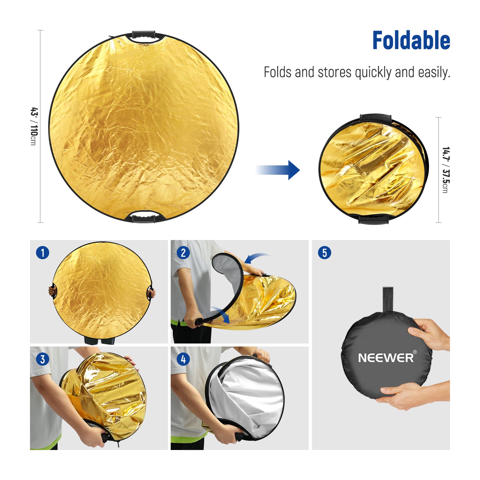 NEEWER RF 80II 5-in-1 Handheld Foldable Light Reflector Kit for Photography, Videography, and Studio Lighting - Perfect for Portraits, Product Shoots, and Outdoor Scenes