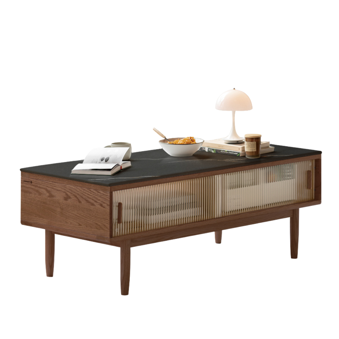 Solid Oak and Beech Wood Coffee Table with Glass Doors - Modern Living Room Furniture for Home Decor and Entertainment