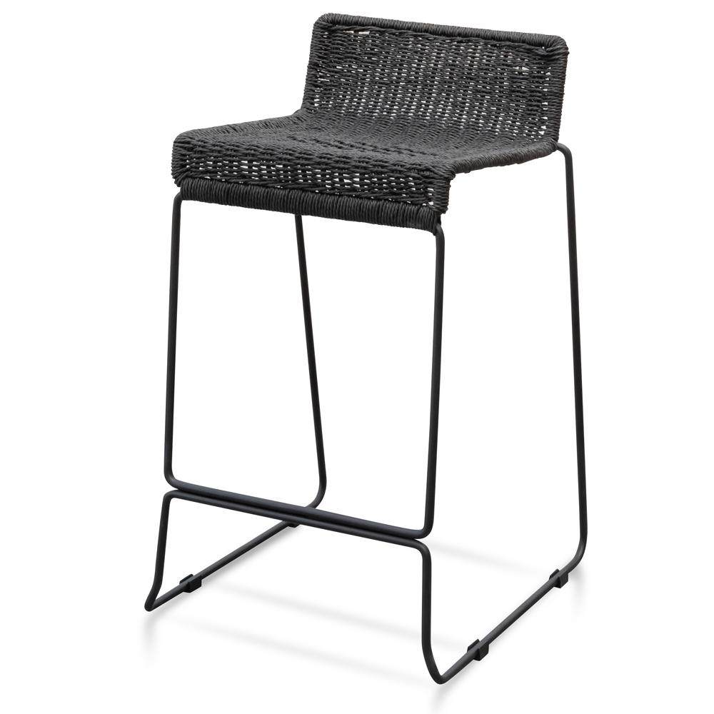 65cm Black Rattan Bar Stool with Cord Seat - Modern Kitchen Island & Breakfast Nook Stool for Home, Cafe, and Restaurant Decor