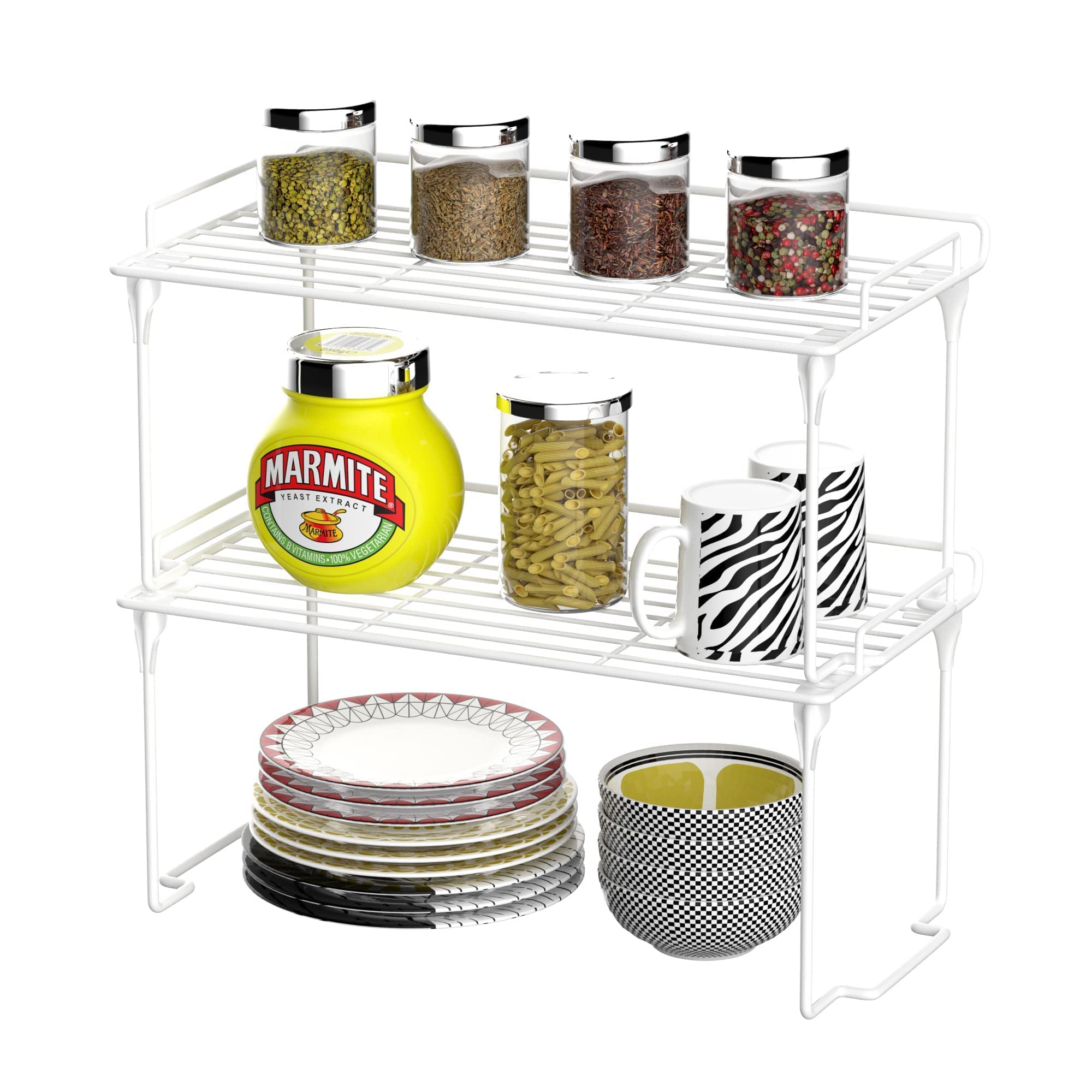 RedRubbit Stackable Foldable Kitchen Cabinet Organizer Shelf - 2 Pack Spice Rack for Counter, Pantry, Bathroom & Cupboard Storage - Perfect for Small Space Organization & Home Decluttering