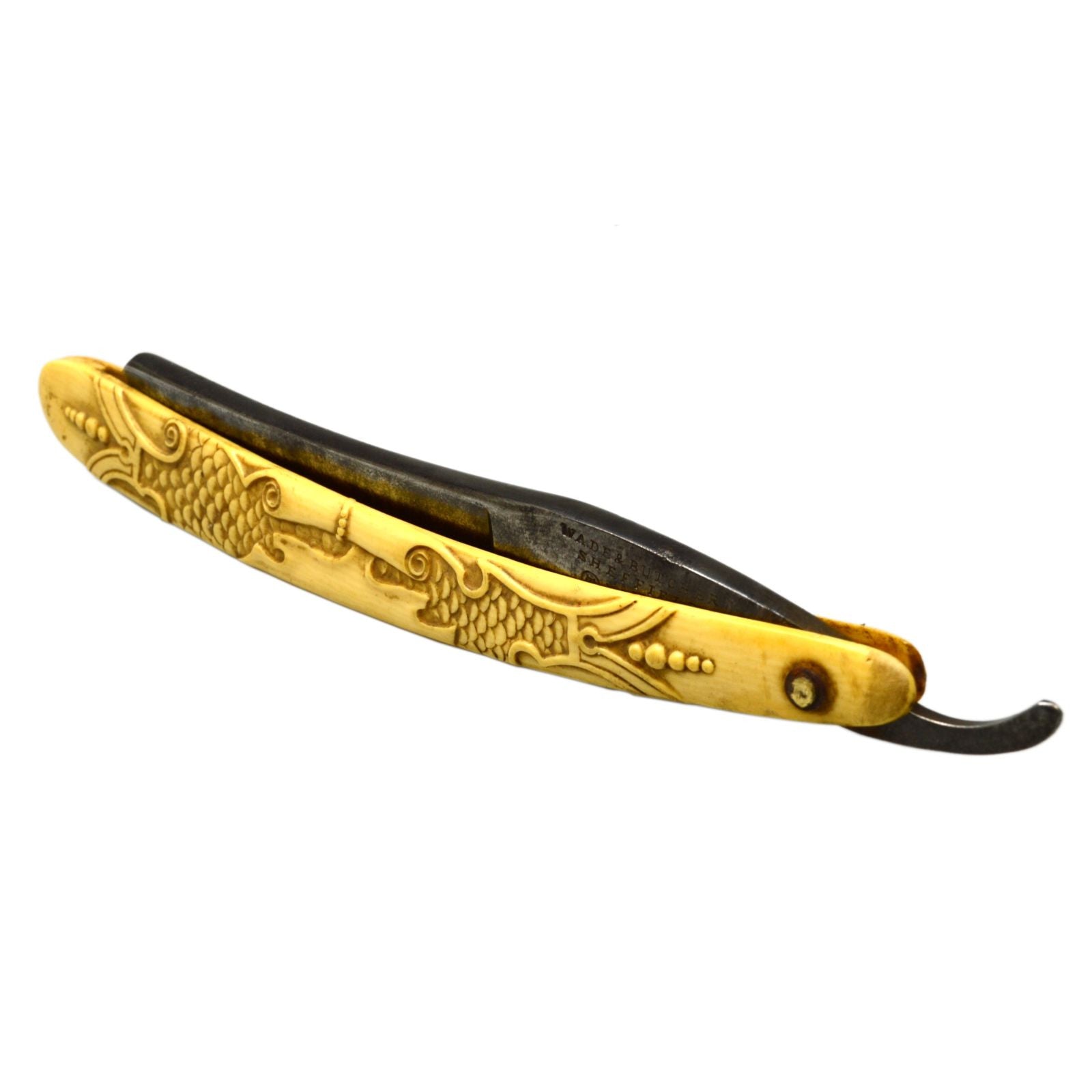 Vintage WADE & BUTCHER Straight Razor with Ornate Carved Bone Scales - Sheffield Steel Shaving Knife - Rare Collectible Barber Tool for Classic Wet Shaving & Grooming