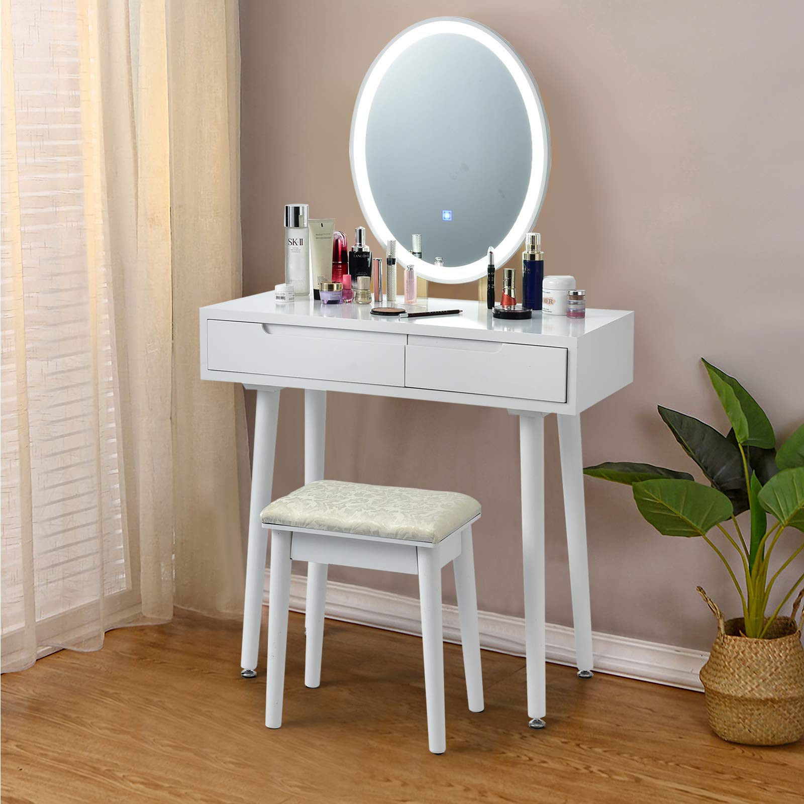 Charmaid Vanity Set with LED Lighted Mirror - 3 Adjustable Brightness Modes, Makeup Dressing Table with Cushioned Stool & 2 Sliding Drawers - Modern Bedroom Vanity for Women & Girls (White) - Perfect for Makeup Application, Skincare Routine & Home Decor