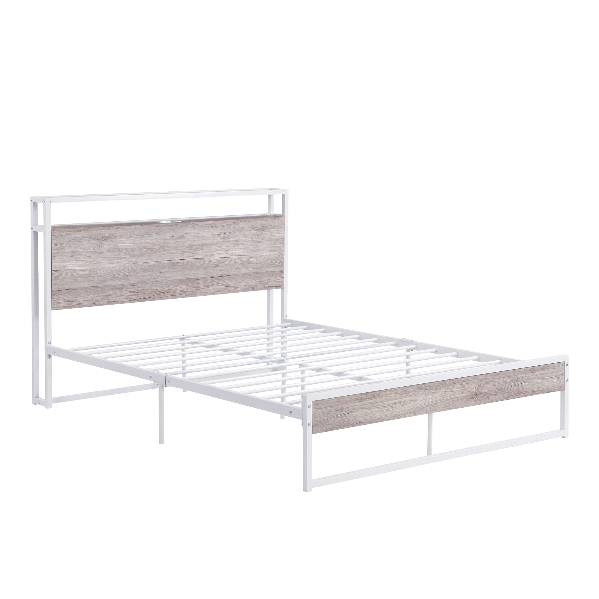 Full Size Platform Bed Frame with USB Ports & Outlets - Modern Metal Bed with Storage Drawers, Sturdy Slat Support & Center Legs - No Box Spring Needed (White) - Perfect for Small Spaces, Apartments & Modern Bedrooms