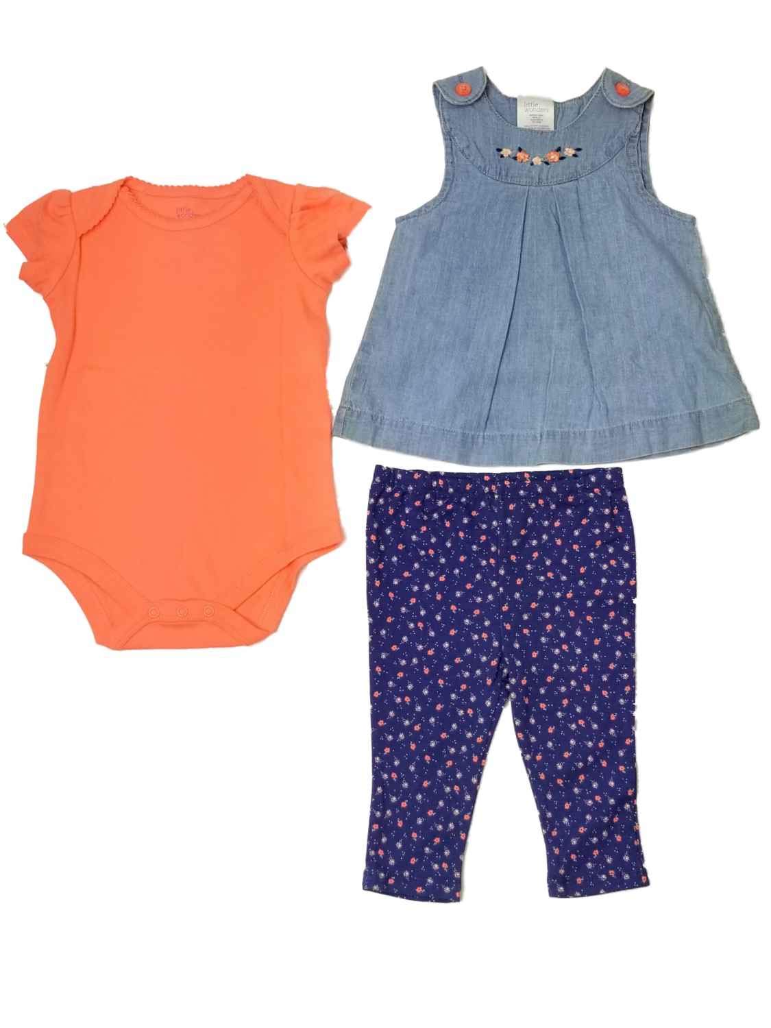 Little Wonders Infant Girls Baby Orange Bodysuit Jean Denim Dress & Navy Floral Leggings - Cute Outfit for Newborn Photography, Playdates & Special Occasions