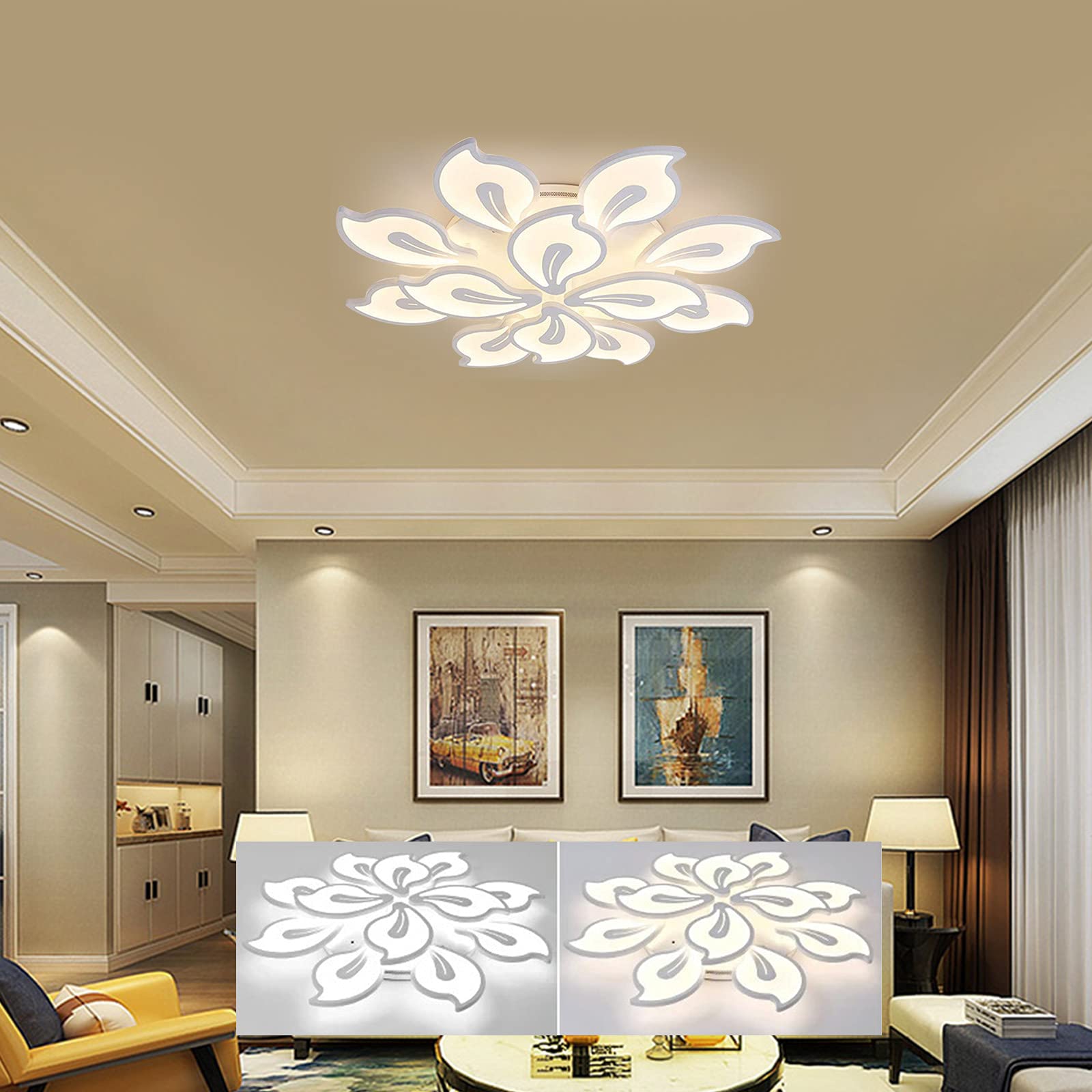 Modern Acrylic Semi-Flush Ceiling Light - Dimmable LED Chandelier with 12 Flower-Shaped Heads, Color Changing for Dining Room, Bedroom & Kitchen | Perfect for Home Decor & Ambient Lighting