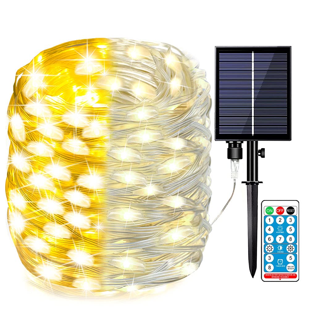 300 LED Solar String Lights Outdoor Waterproof - 105 FT Solar Fairy Lights with 8 Modes & Remote Control, PVC Coating & Detachable Connector for Patio, Yard, Garden, Tree, Party - Perfect for Wedding, Christmas, Halloween Decorations