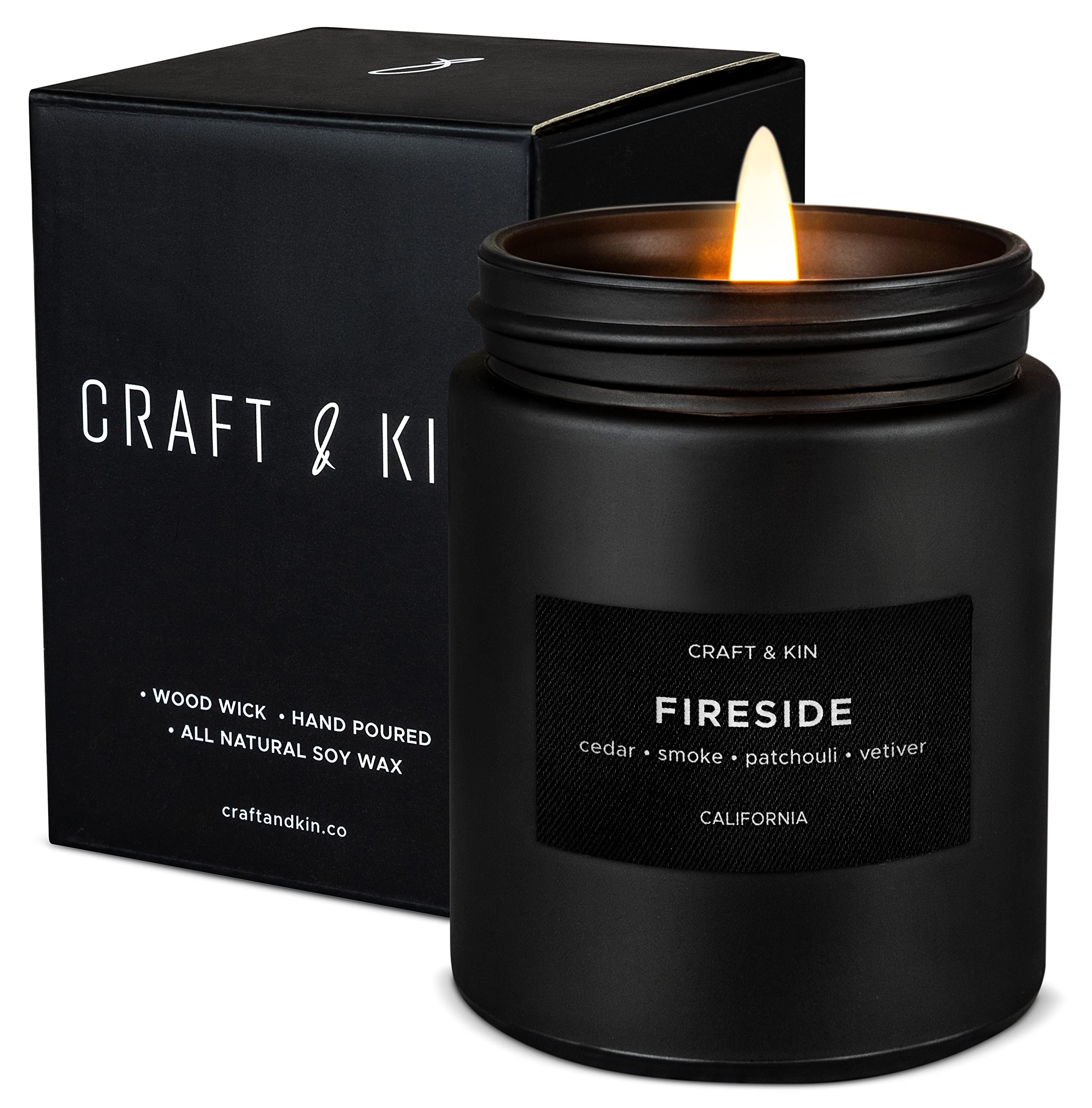 Men's Smokey Fireside Scented Soy Candle - Wood Wick in Black Jar for Home & Relaxation