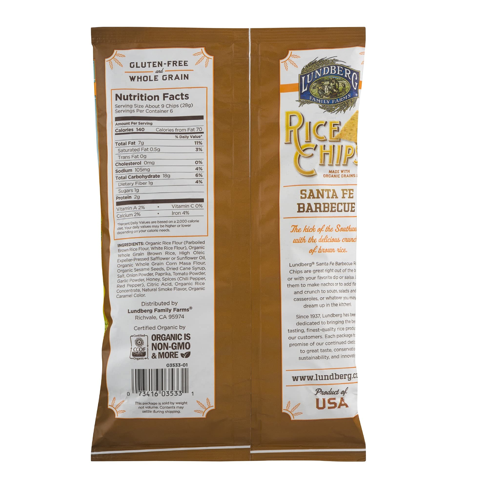 Lundberg Organic Rice Chips Santa Fe Barbecue Flavor - Gluten Free Snack, 6 Oz (Packaging May Vary) | Healthy Vegan Chips for Parties, Picnics & On-The-Go Snacking