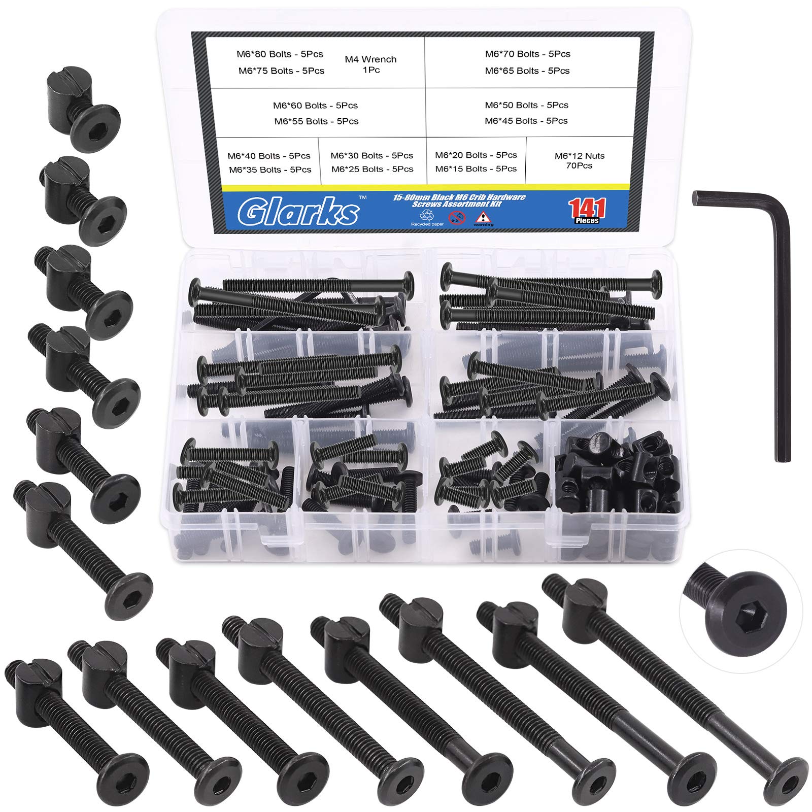 Glarks 141Pcs M6 Baby Crib Screws Kit - Black Hex Bolts & Nuts for Furniture Repair