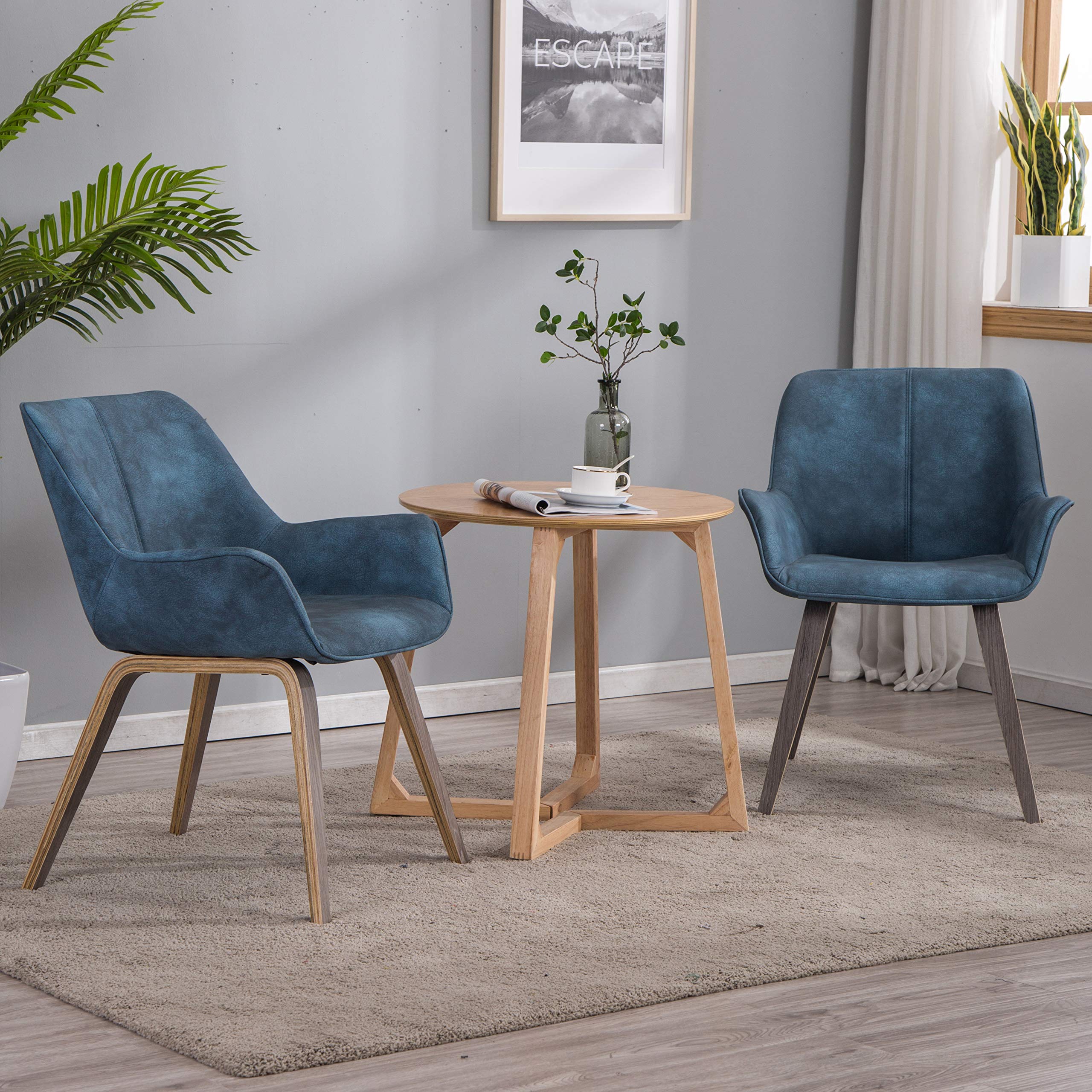 Premium Blue PU Leather & Solid Oak Wood Living Room Accent Chairs - Set of 4 Modern Upholstered Lounge Chairs for Home, Office, and Dining Room Decor