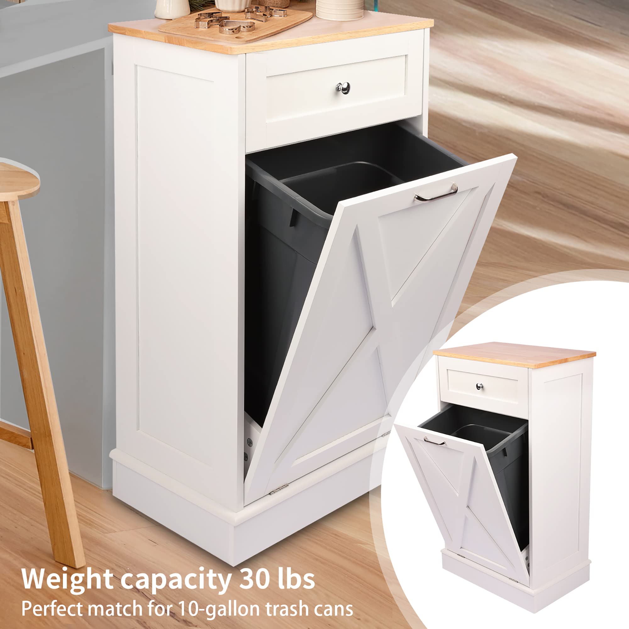 10 Gallon Wooden Tilt-Out Trash Cabinet - Free Standing Laundry Sorter & Recycling Bin with Hideaway Drawer - White Kitchen Waste Storage Solution for Home, Office, and Utility Rooms
