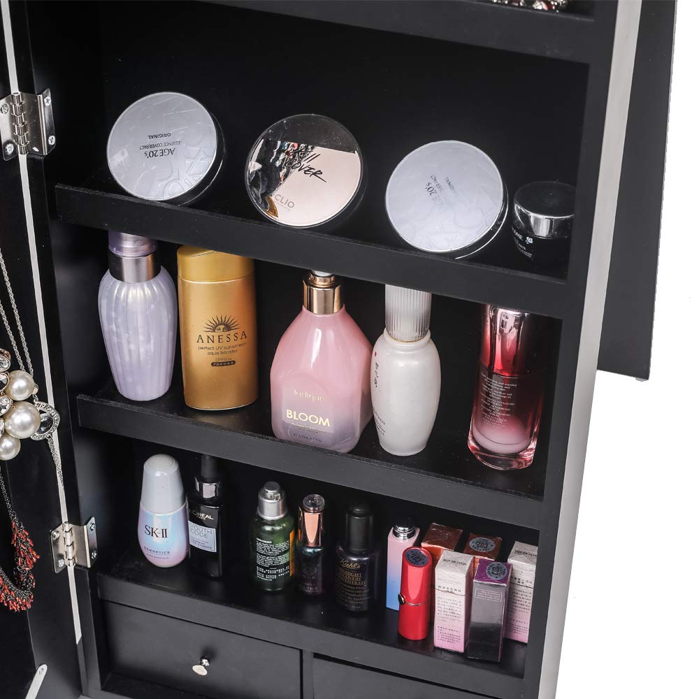 MengK 79 Blue LED Jewelry Cabinet with Full-Length Mirror - Large Jewelry Storage Organizer for Necklaces, Rings & Earrings - Perfect for Bedroom, Closet or Dressing Room (Black)