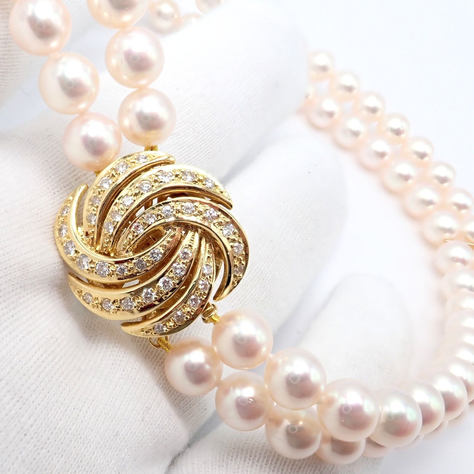 Authentic Mikimoto 18k Yellow Gold Diamond Double Strand 8mm Pearl Necklace - Elegant Jewelry for Weddings, Anniversaries & Special Occasions