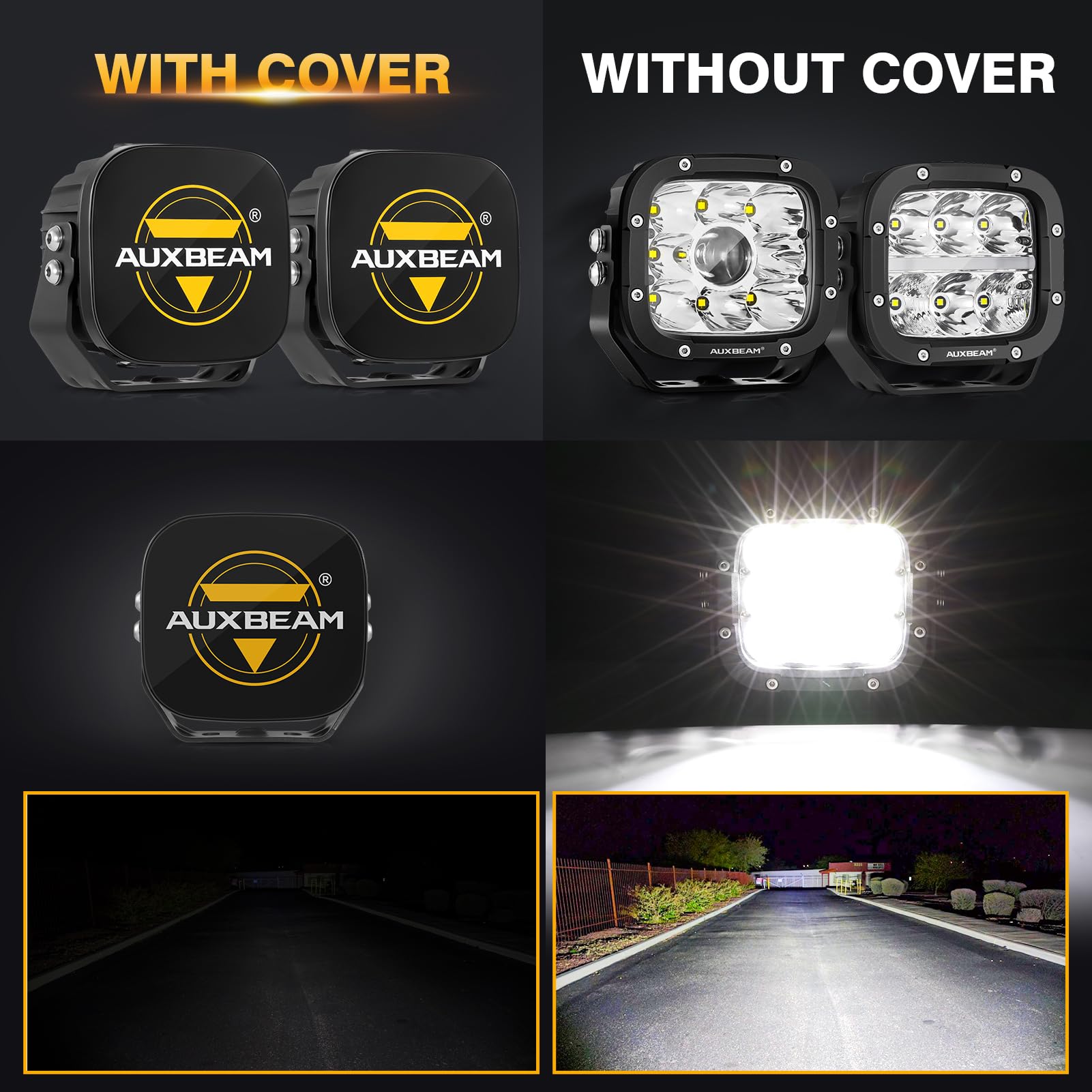 Auxbeam 5-Inch Black Cube Off-Road Light Covers - Protective Lens Cap for Square Light Pods, Light Bar Shades - Fits Trucks, Jeeps, Cars, Motorcycles, ATVs & UTVs (Pair) - Perfect for Off-Roading, Night Driving & Bumper/A-Pillar Protection