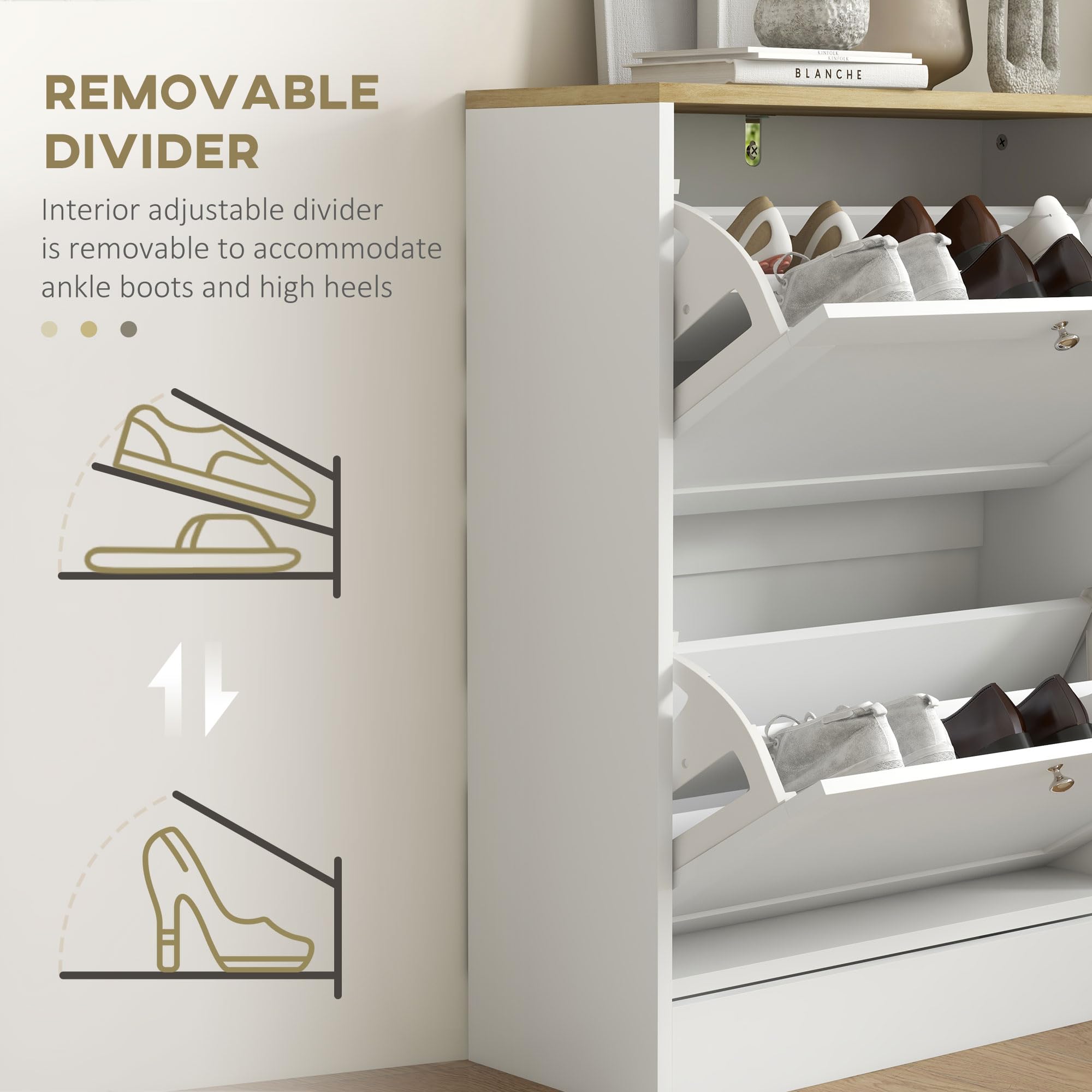 HOMCOM Modern Slim Shoe Storage Cabinet with 2 Flip Drawers & Adjustable Shelves - Holds 12 Pairs of Shoes - White Entryway Organizer for Hallway, Bedroom or Closet Space Saving Solution