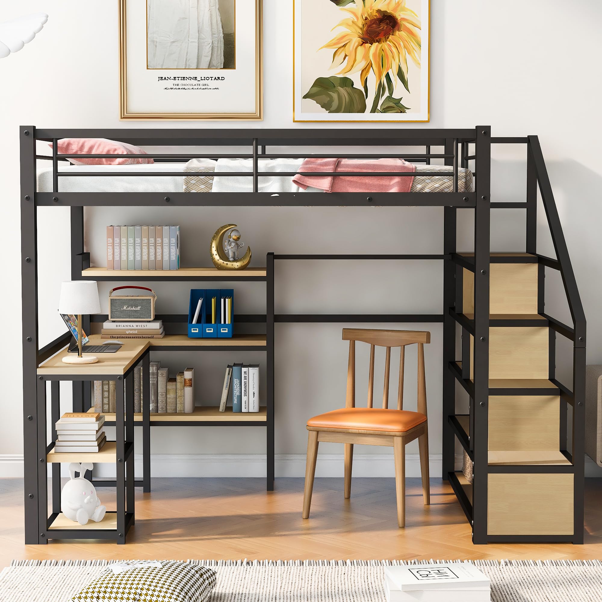 Harper & Bright Designs Full Size Loft Bed with Staircase & Desk - Sturdy Metal Frame with Storage Shelves - Space-Saving High Loft Bed for Kids, Teens, Boys & Girls (Full, Black) - Perfect for Small Bedrooms, Dorms & Shared Kids' Rooms