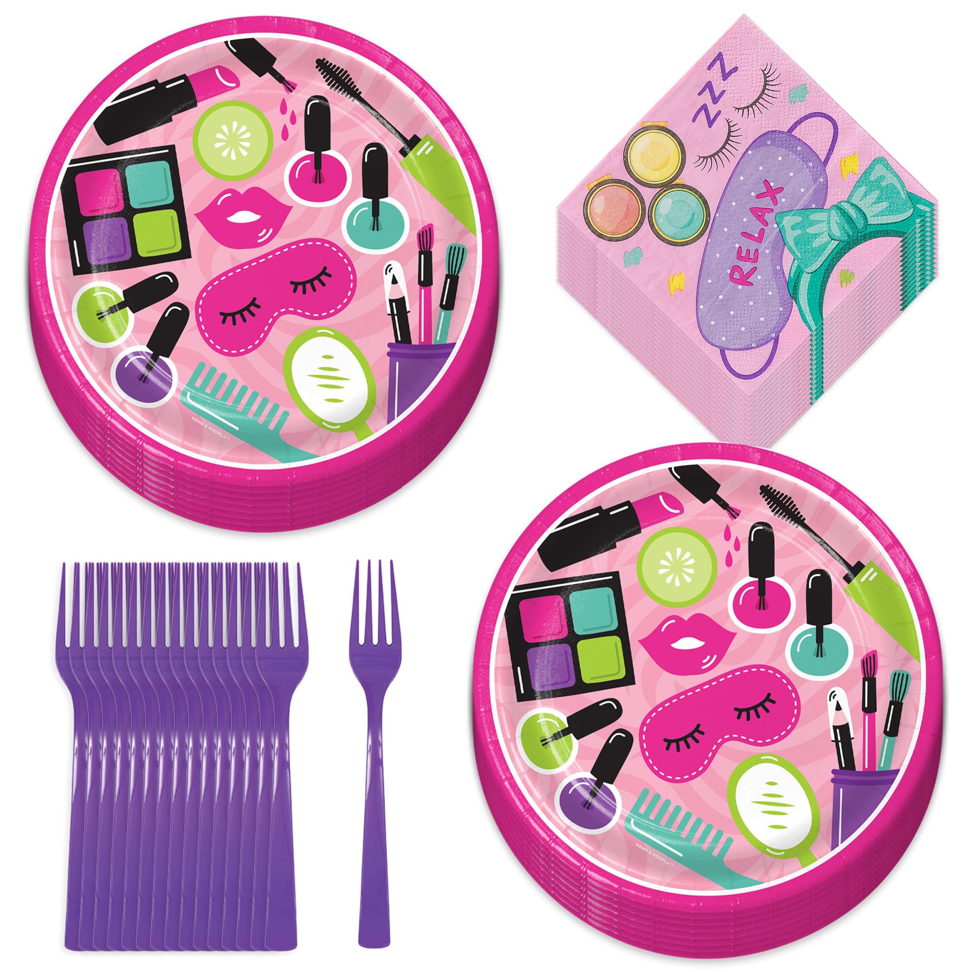 Luxury Spa Party Supplies Set - 16 Elegant Beauty & Makeup Themed Paper Plates, Beverage Napkins and Forks for Pampering Parties | Perfect for Bridal Showers, Girls Night In, Birthday Celebrations & Self-Care Events