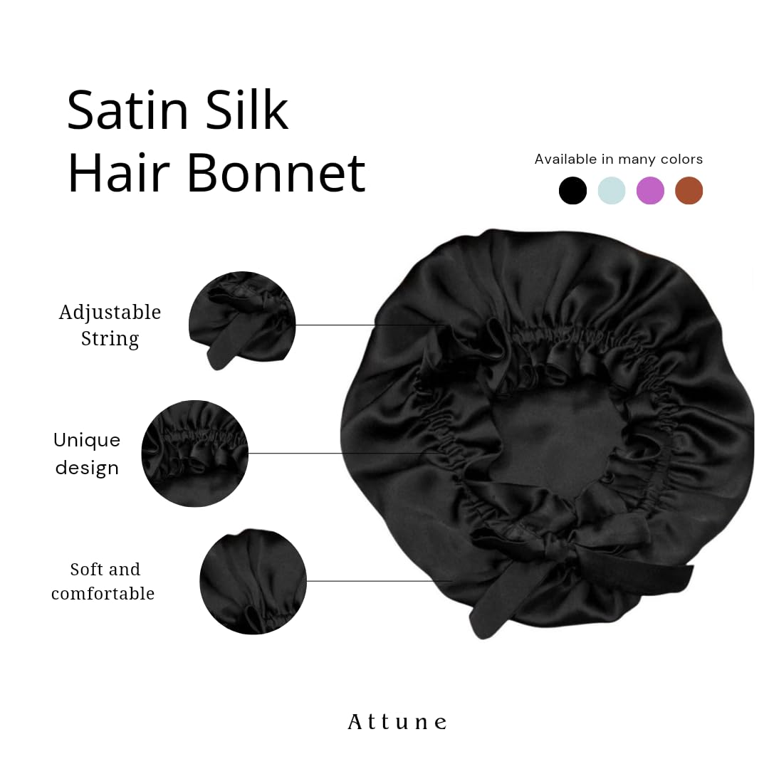 Attune Satin Silk Bonnet for Hair with 4 Premium Scrunchies - Adjustable Silk Sleep Cap for Curly & Natural Hair - Drawstring Satin Hair Bonnet (Black) | Perfect for Nighttime Hair Protection & Styling
