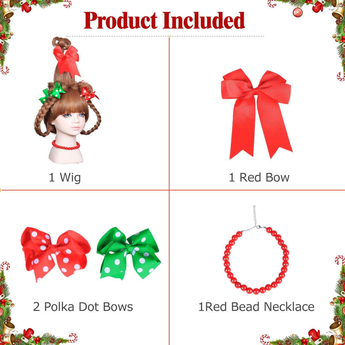 Brown Braided Kids Costume Wig with Red & Green Polka Dot Bows & Beaded Necklace - Perfect for Christmas Parties, Halloween Dress Up, Cosplay & School Plays