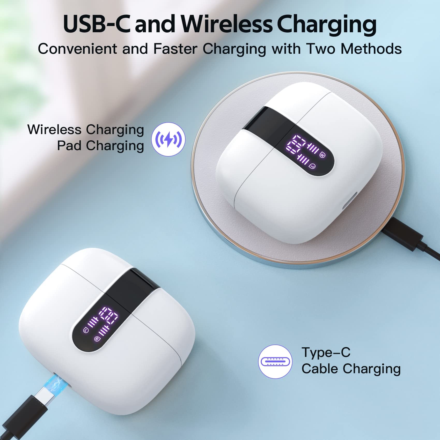 TAGRY 2 Pairs X08 True Wireless Bluetooth Earbuds - White & Purple, 60H Playtime, Wireless Charging Case, Built-in Mic, In-Ear Headphones for Gym, Running, Work & Travel