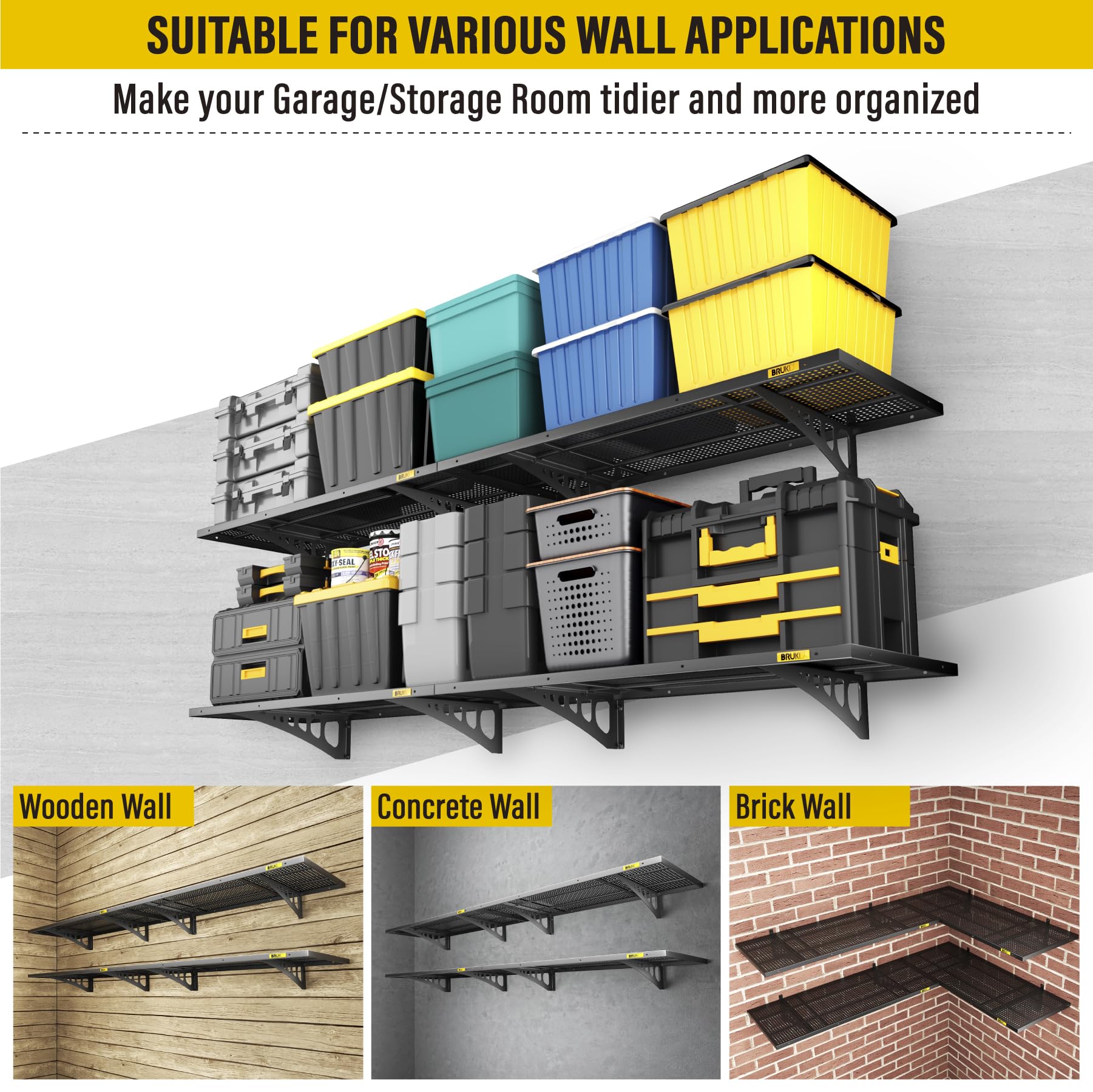 4-Pack 1.64x4ft Adjustable Wall Mounted Floating Shelves - Heavy Duty Garage Storage Racks for Organizing Tools, Kitchenware & Home Decor | Perfect for Garage, Basement, Pantry & Living Room Organization (Black)