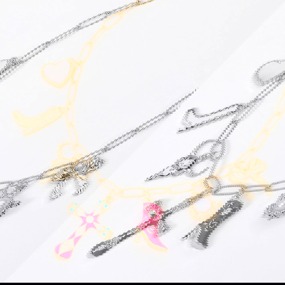 Pink Cowboy Boot Charm Necklace with Metal Steer Head, Bow & Pearl Heart - Western Style Jewelry for Women - Perfect for Country Concerts, Rodeos & Cowgirl Fashion