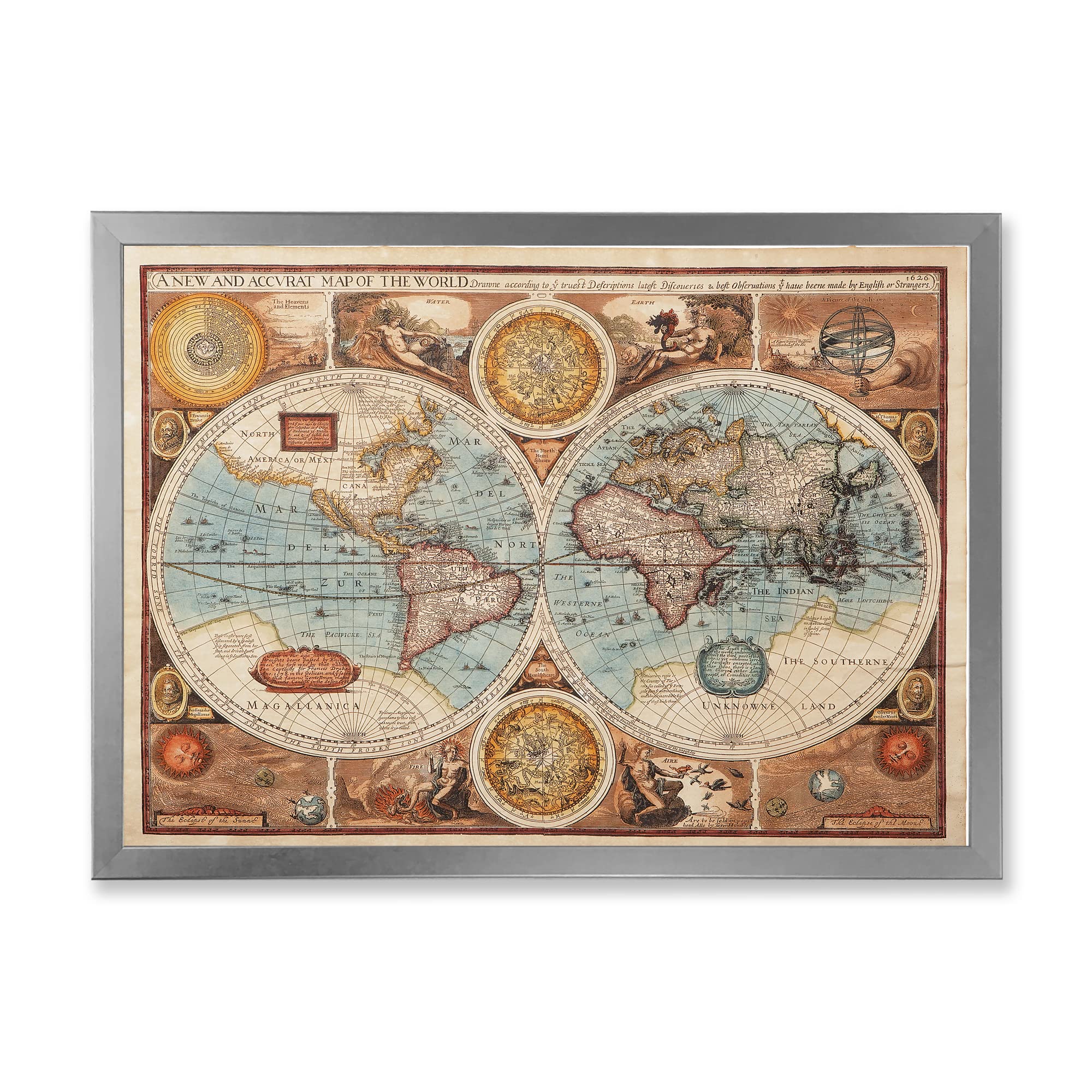 Vintage Framed World Map Wall Art - Ancient Map of The World VIII - Home & Office Decor - Perfect for Living Room, Study, or Library Display