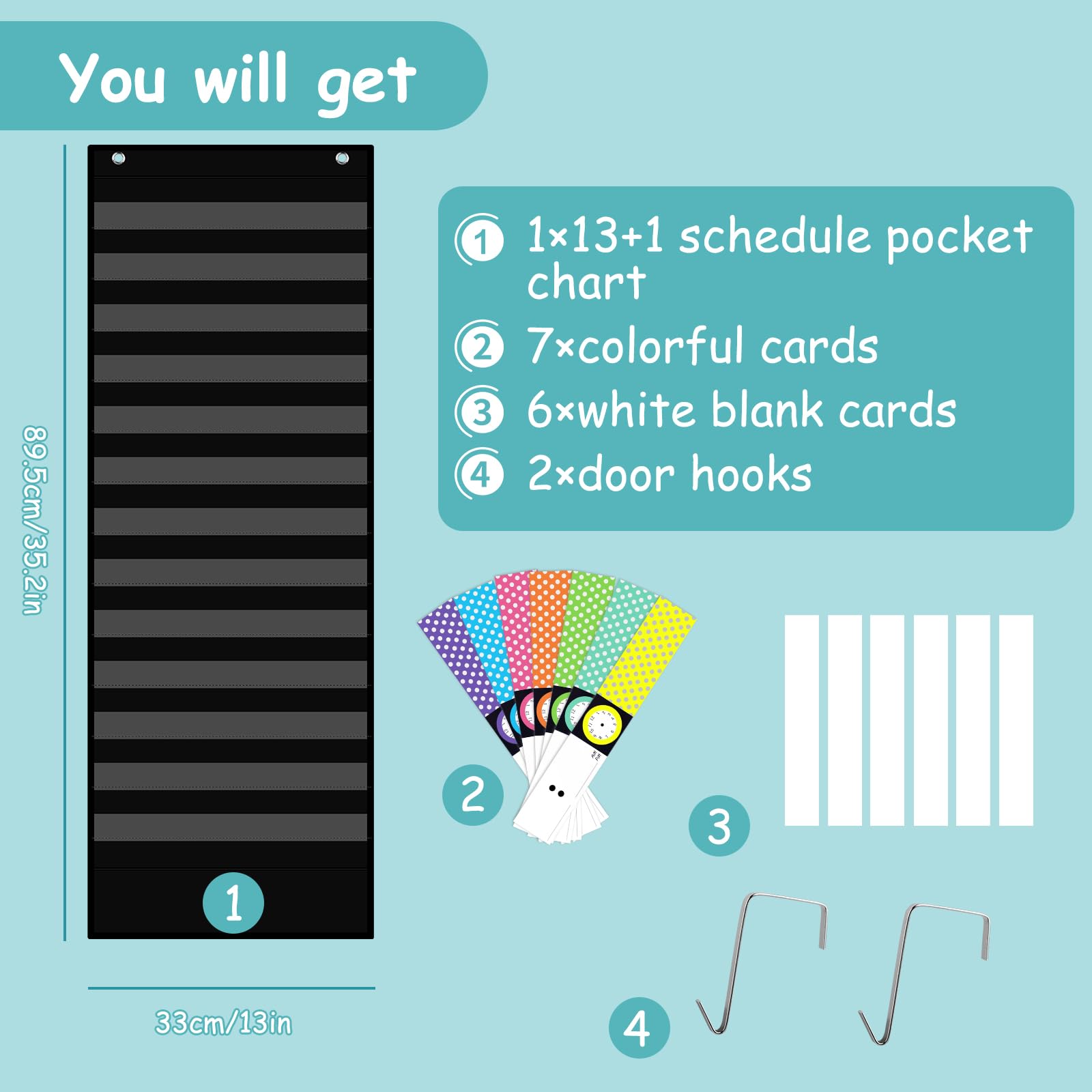 13-Pocket Schedule Chart with Cards & Hooks for Classroom, Home, Office