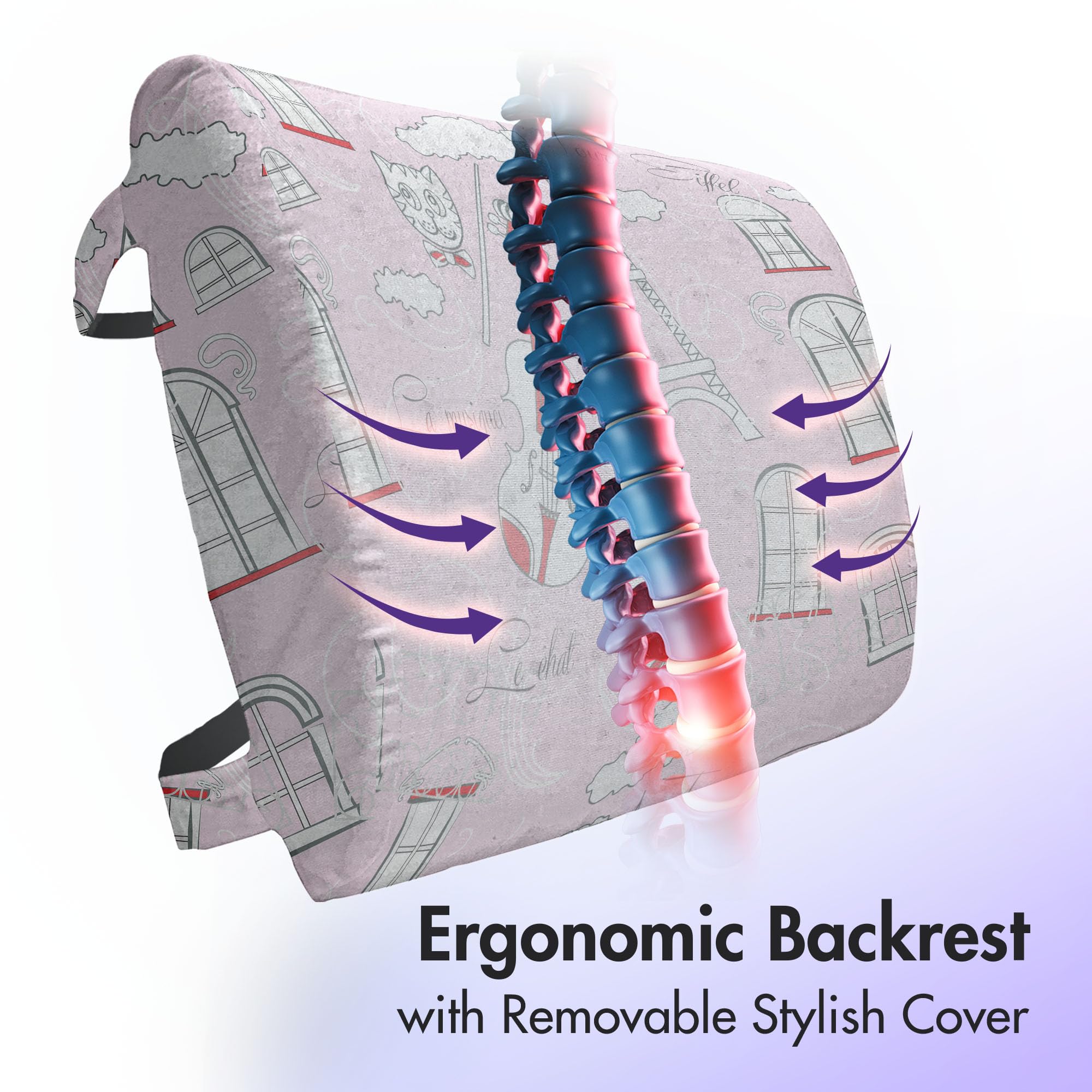 Ambesonne Paris Lumbar Support Pillow - Abstract Cityscape with Violin Cat & Eiffel Tower Design | High Density Foam for Office Chair & Car Seat | 14x13 Inches in Pale Pink Scarlet White | Perfect for Back Pain Relief & Comfort While Working or Traveling