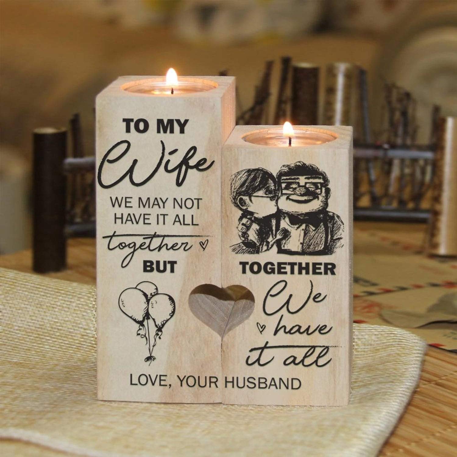 Custom Valentine's Day Candle Holder for Wife - Funny Carl & Ellie Up Design with Heart - Romantic Home Decor Gift for Anniversary, Wedding & Couples