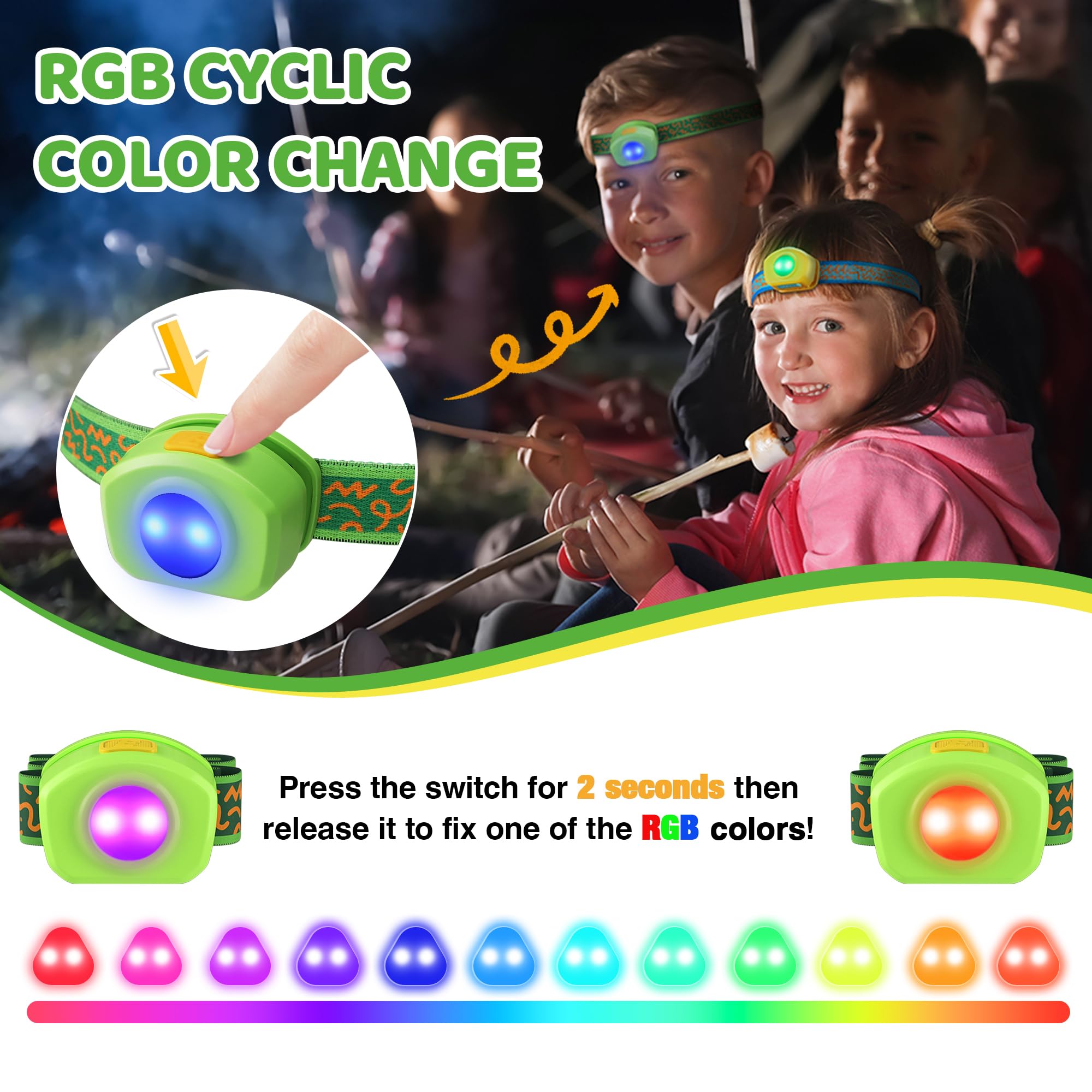 EverBrite Rechargeable LED Headlamp for Kids - RGB Multicolor Light with Adjustable Headband, 3 Lighting Modes | Perfect for Camping, Reading, Exploring, Halloween & Christmas Gifts