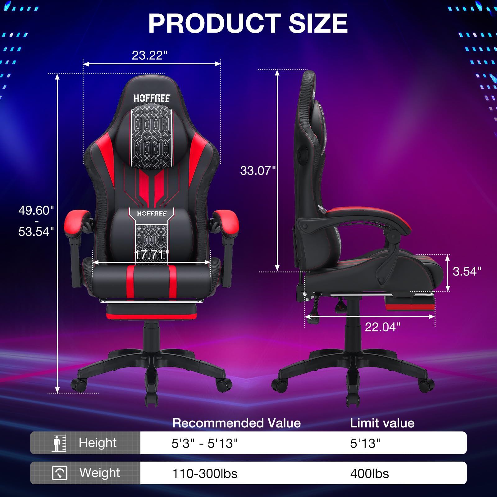 HOFFREE LED Gaming Chair with Massage & Bluetooth Speakers - Ergonomic Big and Tall PC Gaming Chair with Footrest for Adults up to 400lbs - Red and Black Computer Desk Chair for Esports, Streaming & Office Work
