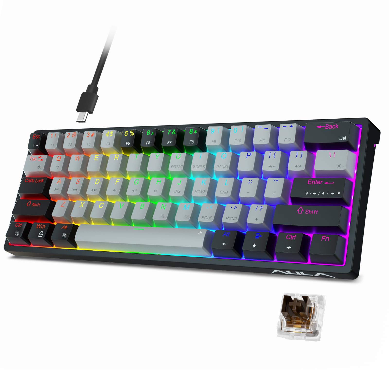 AULA F3261 60% Compact Mechanical Gaming Keyboard - RGB Backlit, Brown Switches, Wired USB for PC, Tablet, PS4, Xbox - Perfect for Esports, Office & Typing