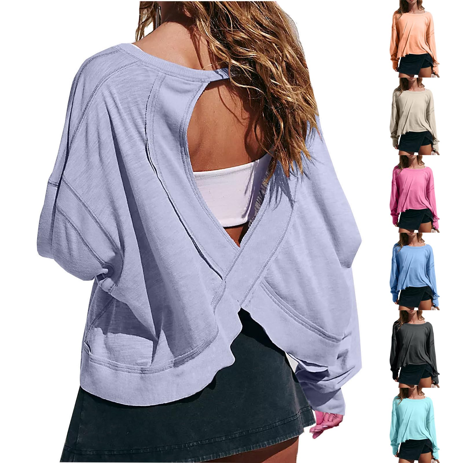 Women's Oversized Open Back Sweatshirt - Long Sleeve Backless Cropped Crewneck Top for Yoga, Gym & Casual Wear