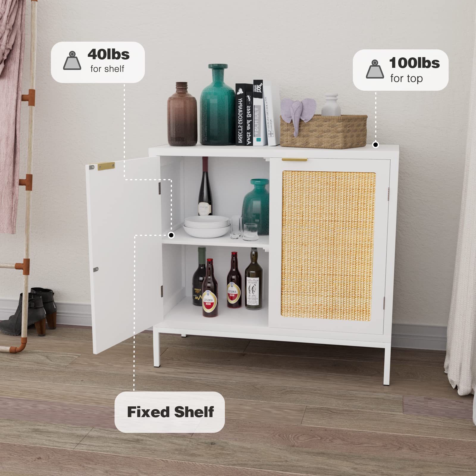 Anmytek White Rattan Sideboard Buffet Cabinet with 2 Decorated Doors & Fixed Shelf - Spacious Storage Furniture for Living Room, Hallway, Entryway & Dining Room - Perfect for Home Organization & Stylish Decor | H0012