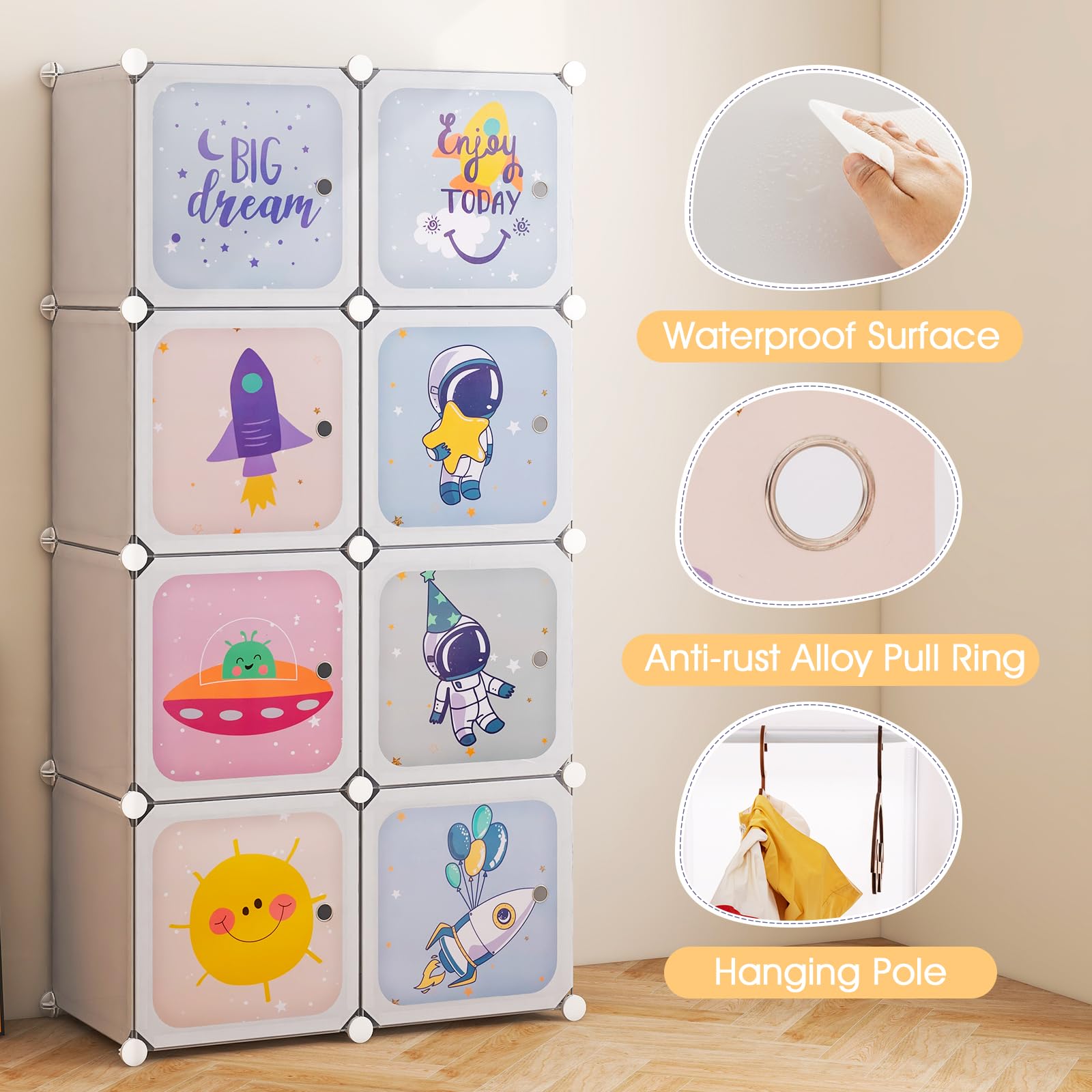 INFANS Kids Wardrobe & Closet Organizer - Portable Baby Dresser with 12 Storage Cubes & 2 Hanging Sections for Nursery, Bedroom - White Children's Clothes Storage Cabinet (Perfect for Small Spaces & Shared Kids Rooms)